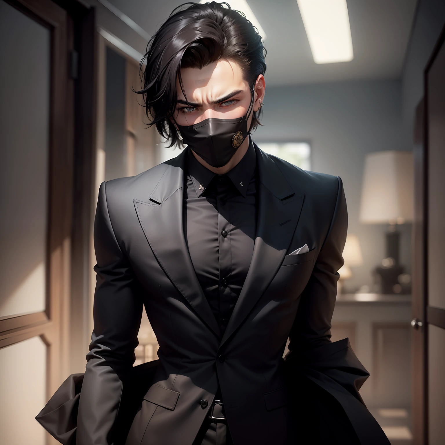 Create an image of a young man, approximately 20 years old, with striking dark eyes that exude a captivating gaze. He has a medium-toned complexion and stylishly slicked-back black hair. He is wearing a sleek suit that perfectly accentuates his confident demeanor.

The man wears a mask that adds an air of mystery to his appearance, making him both enigmatic and alluring. The mask partly covers his face, leaving his mesmerizing eyes and chiseled jawline visible.

A hint of rebellion is evident from the earring adorning his left ear, adding a touch of edginess to his overall sophisticated look.

His eyes are a warm, deep shade of honey-like brown, reflecting intelligence and depth. They seem to hold a myriad of untold stories and emotions, drawing anyone who gazes upon the image into his compelling world.

The AI can use this detailed description to generate an image that embodies the essence of the character you envisioned.