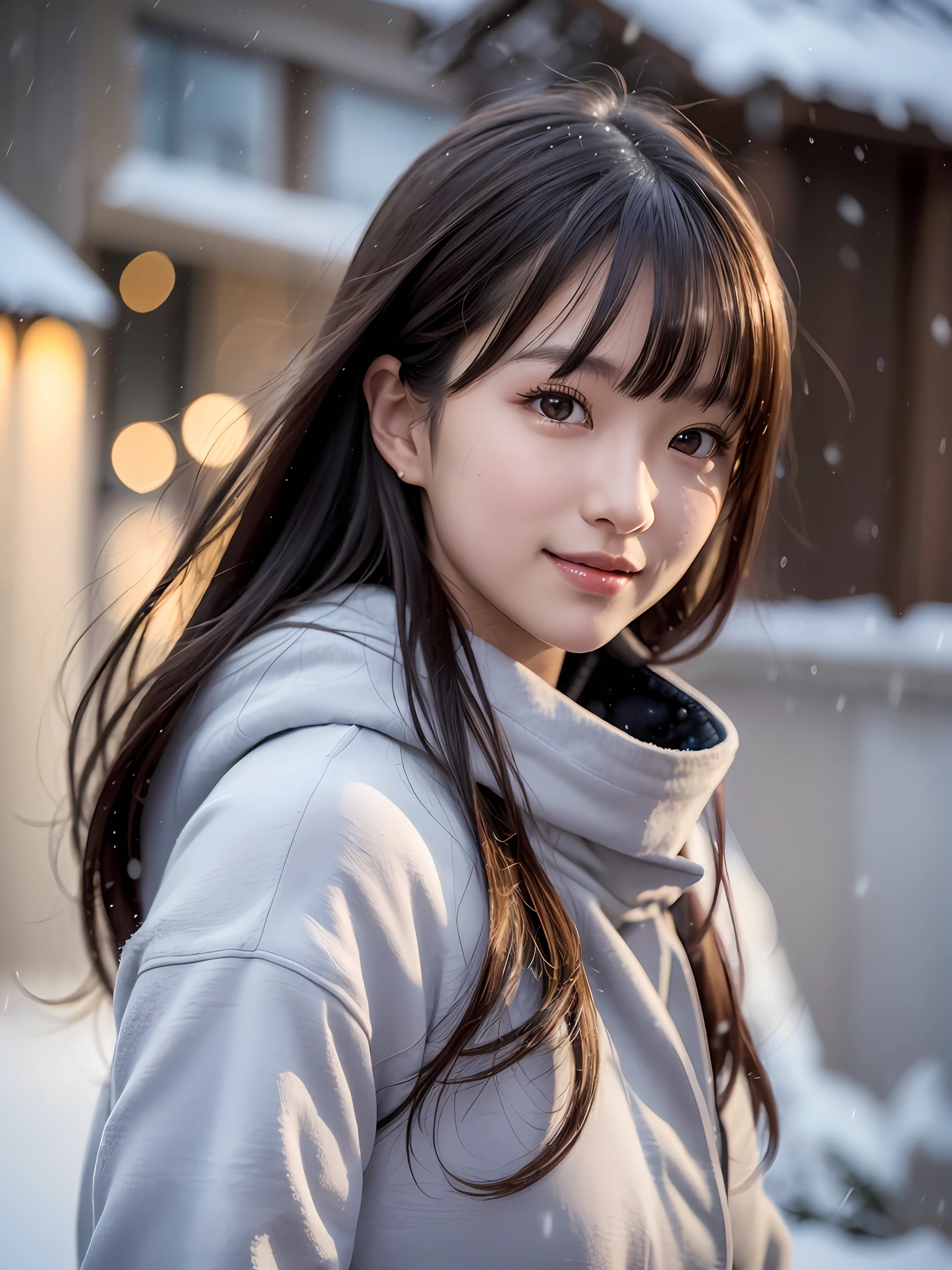 the best quality, 1 girl per 1 photo, cowboy shot, front view, a Japanese young pretty girl, long bob hair, standing on a snow-covered slope in ski clothes with a big smile, snowing, hyper cute face, glossy lips, double eyelids for both eyes, natural makeup, shiny smooth light brown hair of long bob hair, asymmetrical bangs, tanned skin, central image, 8K resolution, high detail, detailed hairstyle, detailed face, cinematic lighting, octane rendering, hyper realistic, perfect limbs, perfect anatomy