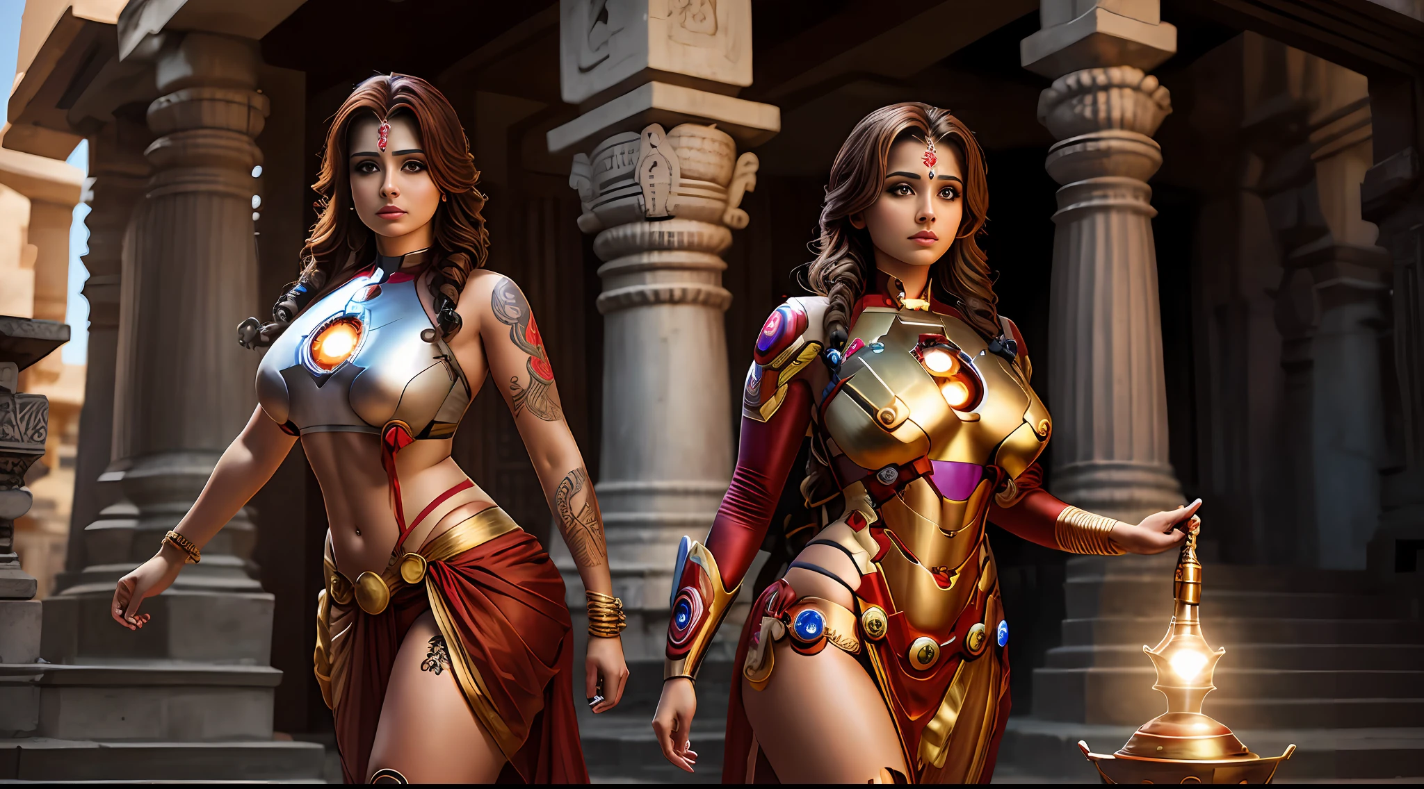 Voluptuous priestess with tattoos and percings on her body and an Iron Man mask outside a Hindu temple Ultra-realistic photo --auto