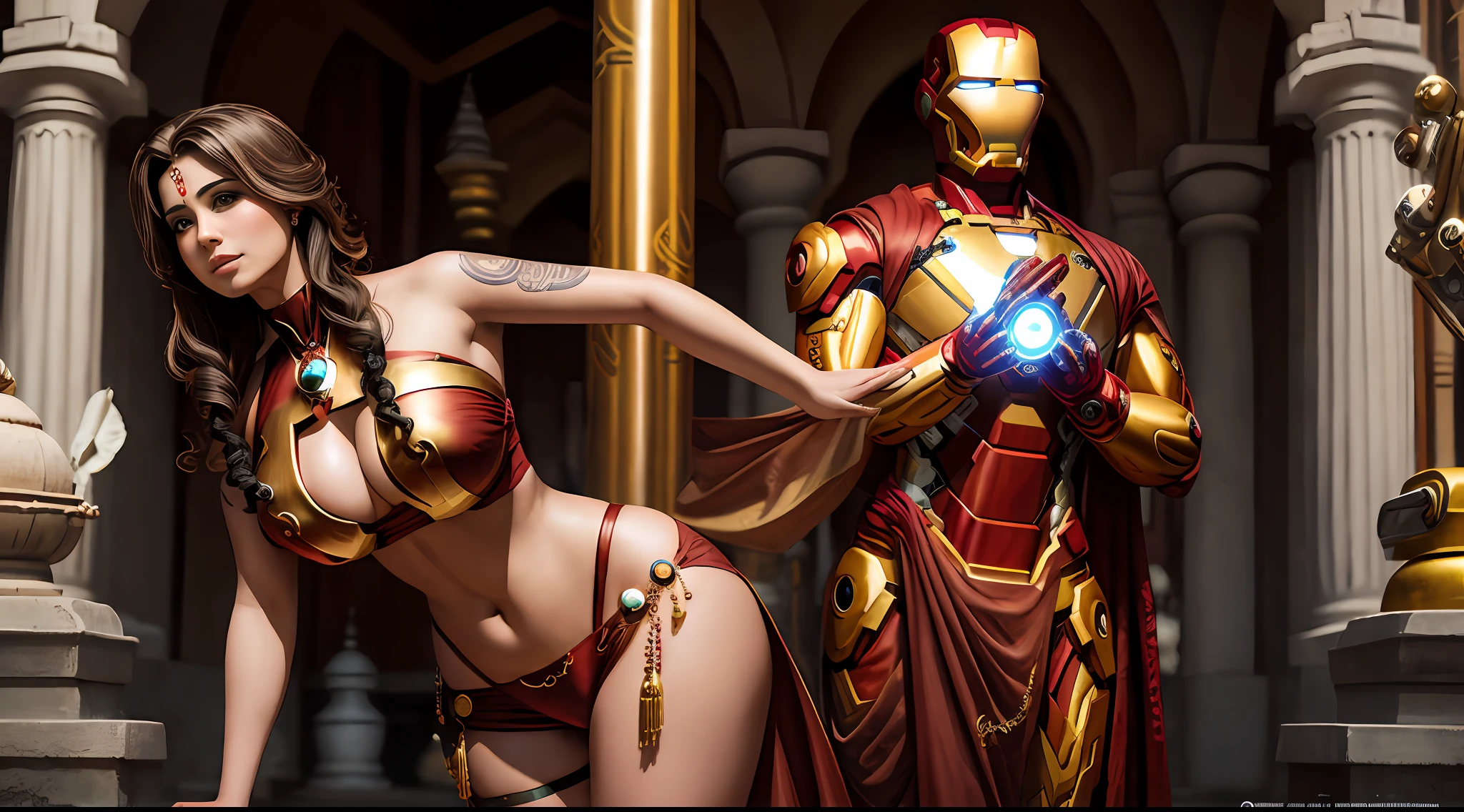 Voluptuous priestess with tattoos and percings on her body and an Iron Man mask outside a Hindu temple Ultra-realistic photo --auto