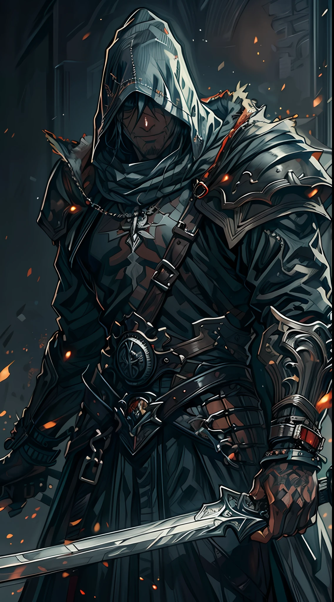 (RAW Photo, Best Quality), (Realistic, Photorealistic Photo: 1.3), Best Quality, Highly Detailed, Masterpiece, Ultra Detailed, Illustration, a close up of a person holding a sword in a dark room, grimdark paladin, by Yang J, dark fantasy style art, evil knight, dark fantasy concept art, shadowbringers cinematic, fantasy paladin, dark fantasy style, epic fantasy art style, from arknights, gothic knight, high fantasy concept art, amazing 8k character concept art, upper body, mascular, high detail on muscles, Best Quality, Extremely Detailed CG Unified 8k Wallpaper, Ink, Amazing, badass look, portrait, close up (skin texture), intricately detailed, fine details, hyperdetailed.