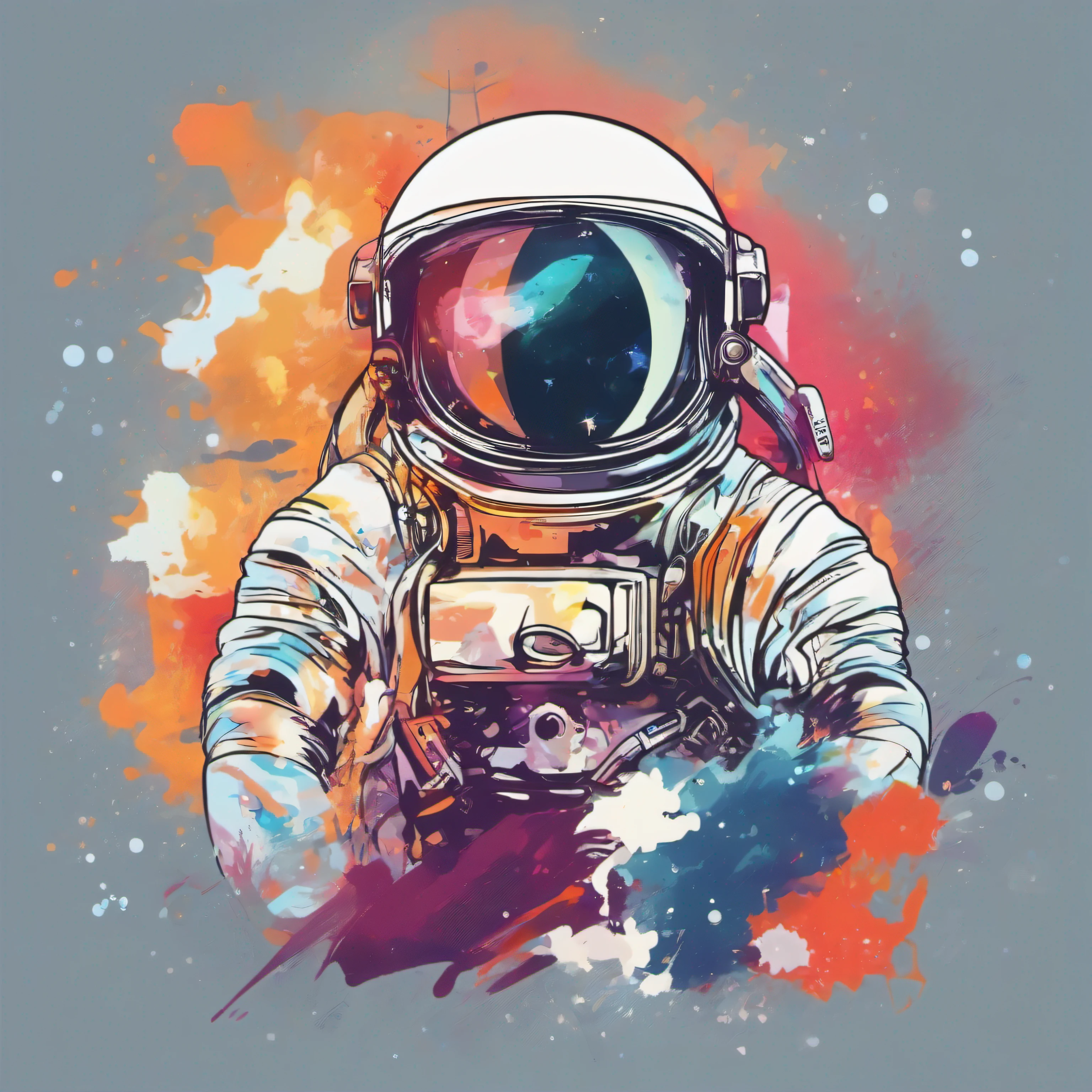 Illustration of astronaut, space, sci-fi, cute character, clear background, abstract splash background, t-shirt design, vector art