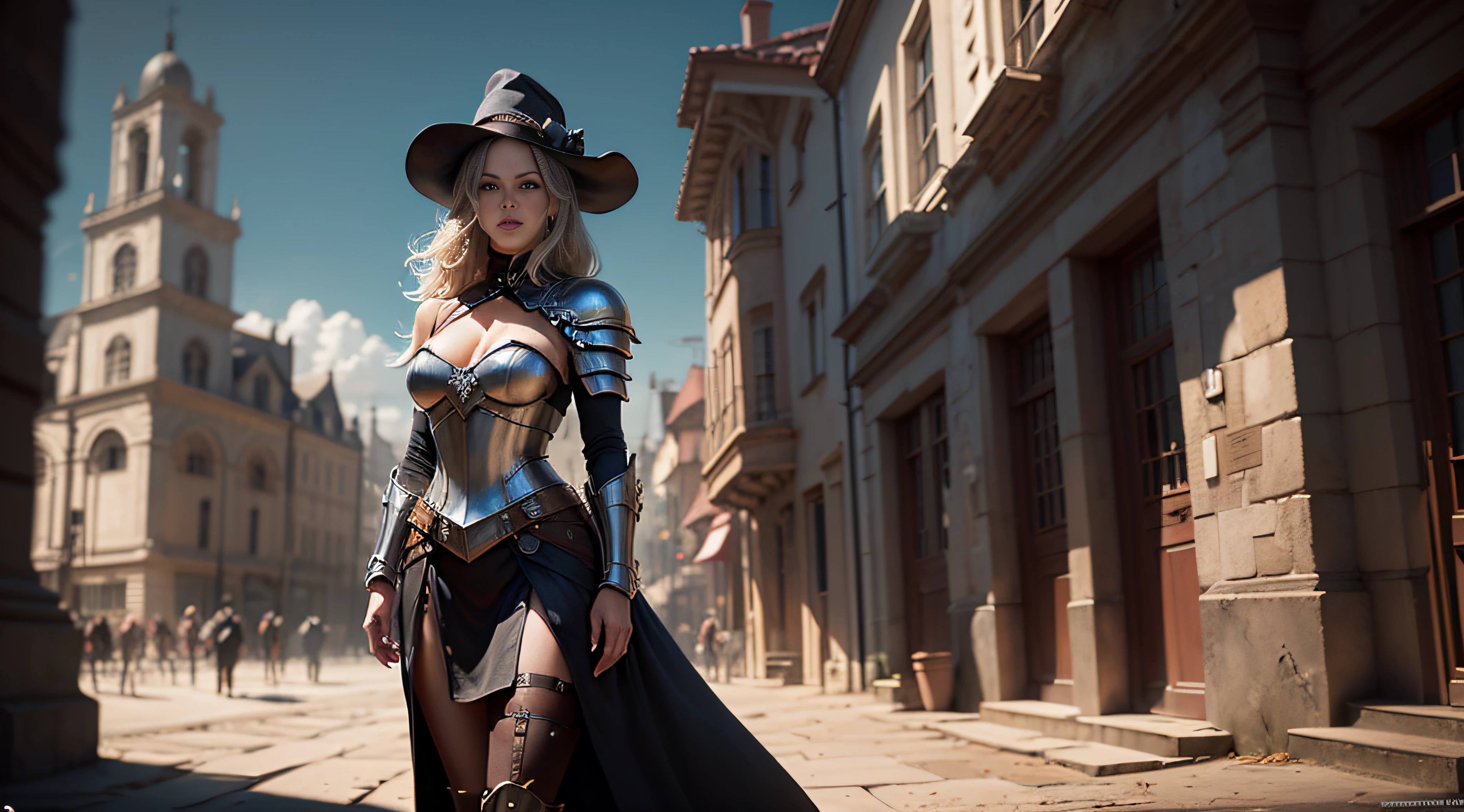 1 female full body, ((Kate Beckinsale)), in a witch hunter style outfit, [Tauromaquia: 1.8], Roupas steampunk vitorianas, (((leather breastplate))), ((quadro de filme ainda) ) , a steampunk city in the background Cinematic, textura natural da pele, 24 mm, Texturas 4k, soft Cinematic Light, Adobe Lightroom, photolab, HDR, intrincado, elegante, altamente detalhado, foco nítido, (( (((cinematic look)) ), tons suaves, detalhes insanos, detalhes intrincados, hiper-detalhado, baixo contraste, soft Cinematic Light, cores escuras, exposure blending, HDR, desbotado, slate atmosphere --auto