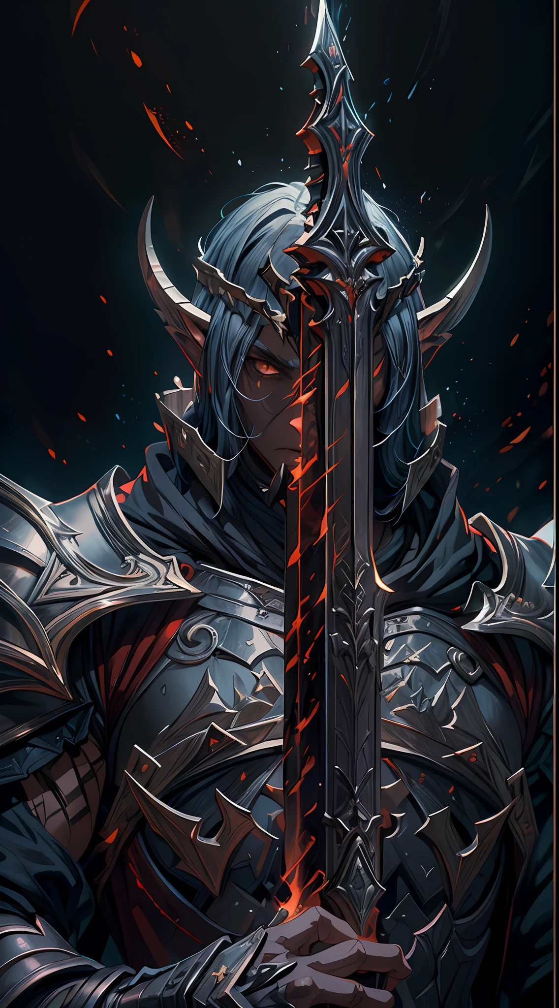 (RAW Photo, Best Quality), (Realistic, Photorealistic Photo: 1.3), Best Quality, Highly Detailed, Masterpiece, Ultra Detailed, Illustration, a close up of a person holding a sword in a dark room, grimdark paladin, by Yang J, dark fantasy style art, evil knight, dark fantasy concept art, shadowbringers cinematic, fantasy paladin, dark fantasy style, epic fantasy art style, from arknights, gothic knight, high fantasy concept art, amazing 8k character concept art, upper body, mascular, high detail on muscles, Best Quality, Extremely Detailed CG Unified 8k Wallpaper, Ink, Amazing, badass look, portrait, close up (skin texture), intricately detailed, fine details, hyperdetailed.