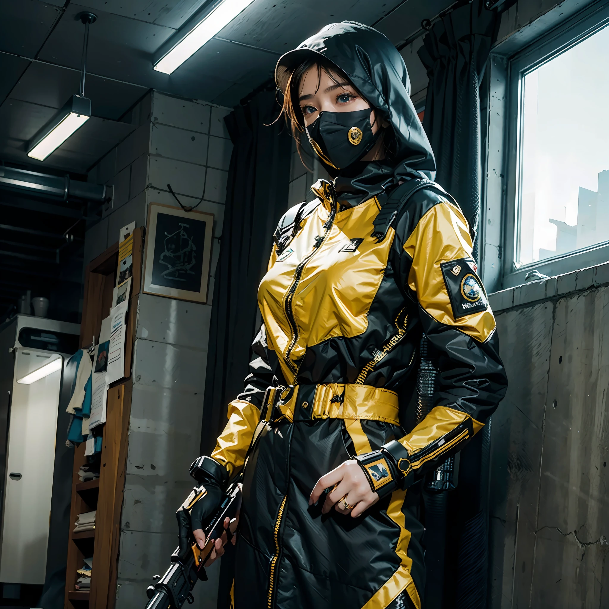 in a panoramic view，photorealestic，cyber punk style，Blue sky,，3girl，arabian girl，Dressed in a gorgeous gold Arabian high-tech burqa（burqa），Wearing a gold high-tech bandana，Black high-tech mask，High-tech goggles，High-tech equipment hangs on the body，High-tech motorcycle，High-tech combat vehicles，Armed with a sci-fi sabre，Carry a sci-fi rifle，Standing in front of a military base，Sharp eyes，professinal，Meistwick，commissioned，best qualtiy，color corrected，After fixation，Retouching，Improvement，Epic，Tone-mapping，the detail， highly  detailed， digitial painting， art  stations， Conceptual map of the long dam， Smoothness， Sharp focus， Beautiful illustration， photore， The light from the back window is backlighted， 动态照明， Mist， 复杂， cinematic grain， professinal， face to the viewer，（Beautiful m3d_woman， Perfect M3D_face,）， Volumetriclighting， subsurfacescattering， Good highlights， Good shadows， cinematic ligh