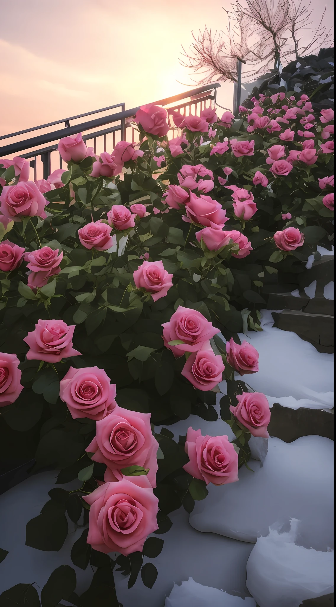 Many pink roses grow on the steps, with frozen flowers around her, Beautiful and aesthetic, roses in cinematic light, rosette, beautiful aesthetic, beautiful flowers growing, Rose garden, red roses at the top, rosses, with soft bushes, beutifull, a few roses, Blooming flowers, author:Anna Heifesch, beautiful aesthetic design, Beautiful flowers,8K high quality detailed art