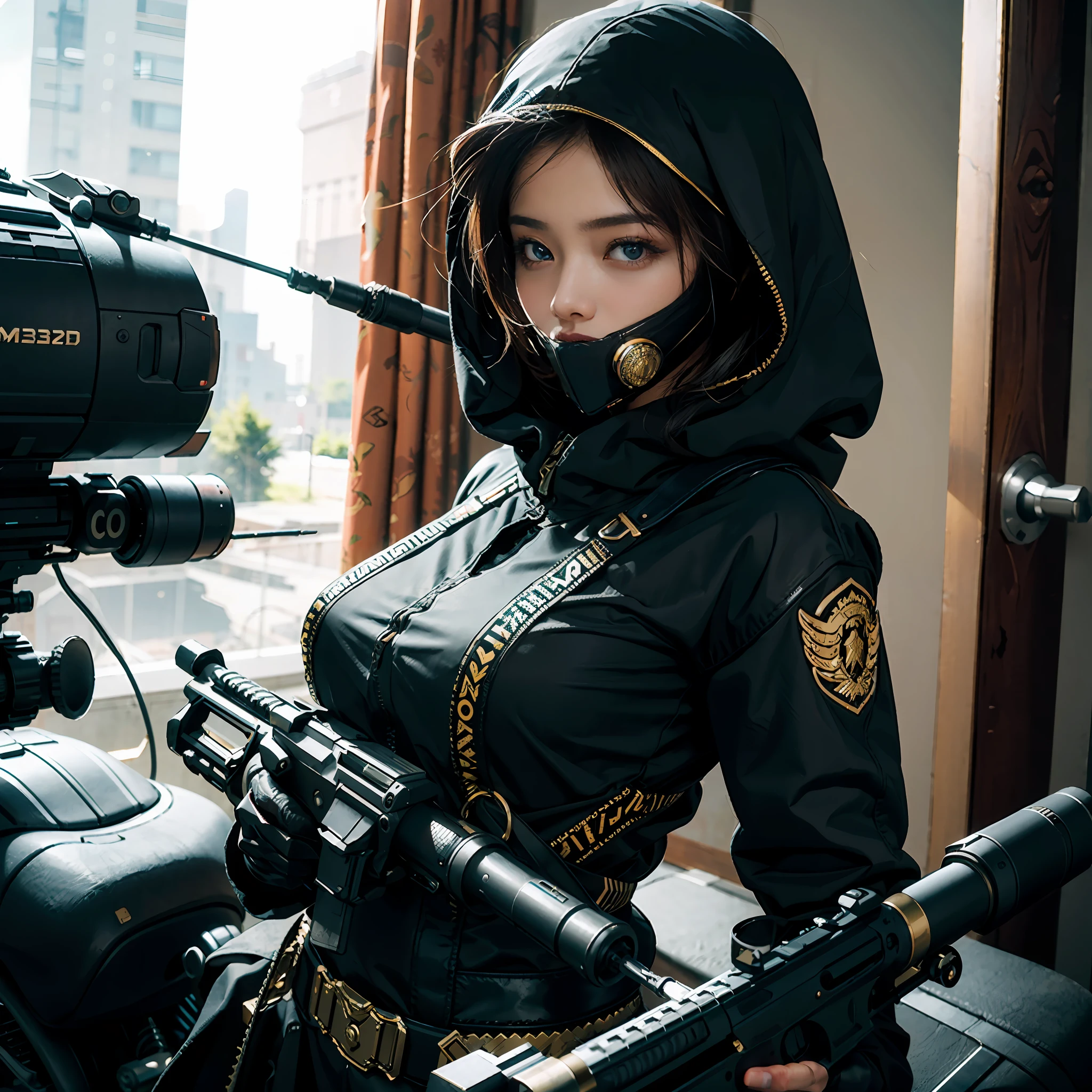 in a panoramic view，photorealestic，cyber punk style，Blue sky,，3girl，arabian girl，Dressed in a gorgeous gold Arabian high-tech burqa（burqa），Wearing a gold high-tech bandana，Black high-tech mask，High-tech goggles，High-tech equipment hangs on the body，High-tech motorcycle，High-tech combat vehicles，Armed with a sci-fi sabre，Carry a sci-fi rifle，Standing in front of a military base，Sharp eyes，professinal，Meistwick，commissioned，best qualtiy，color corrected，After fixation，Retouching，Improvement，Epic，Tone-mapping，the detail， highly  detailed， digitial painting， art  stations， Conceptual map of the long dam， Smoothness， Sharp focus， Beautiful illustration， photore， The light from the back window is backlighted， 动态照明， Mist， 复杂， cinematic grain， professinal， face to the viewer，（Beautiful m3d_woman， Perfect M3D_face,）， Volumetriclighting， subsurfacescattering， Good highlights， Good shadows， cinematic ligh