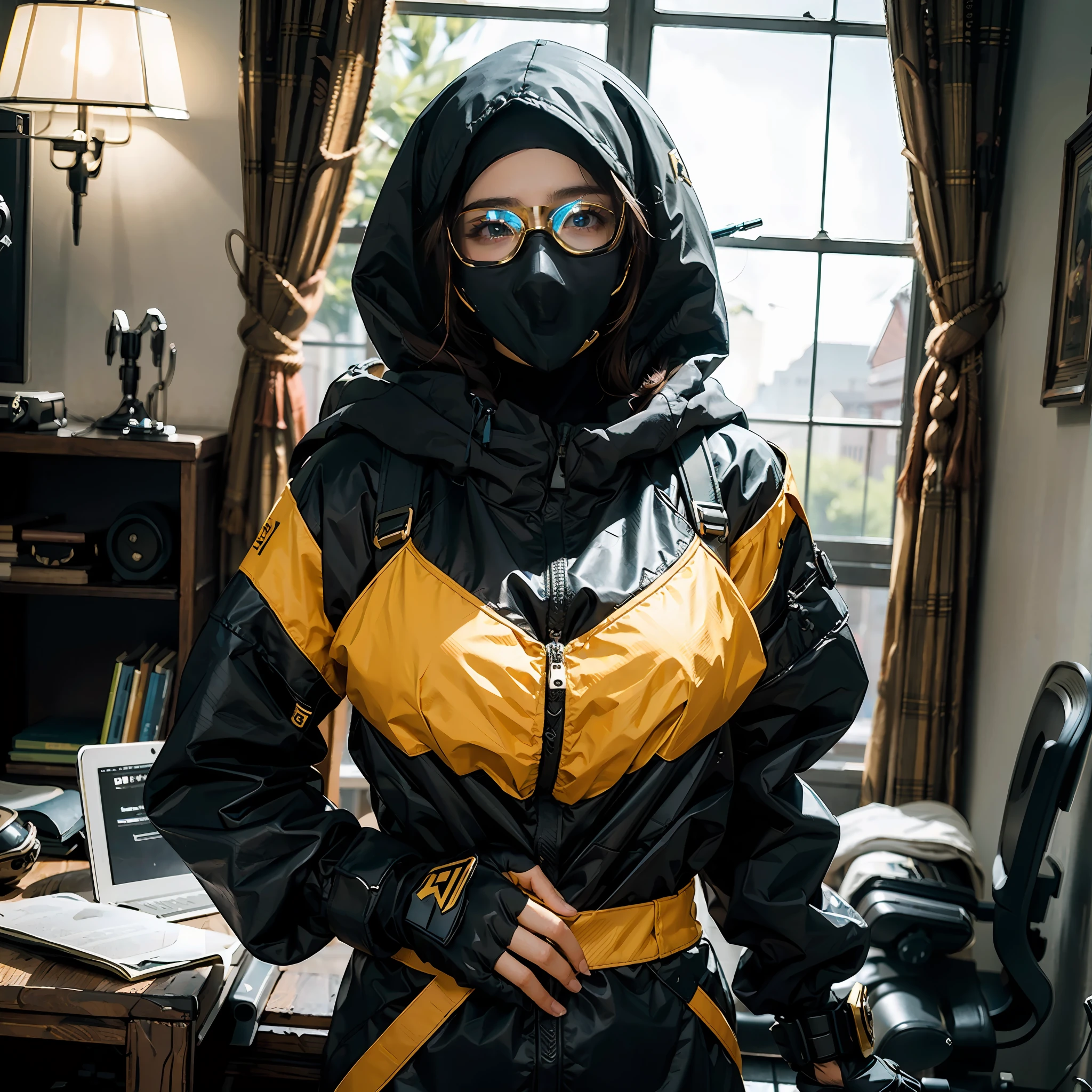 in a panoramic view,photorealestic,cyber punk style,Blue sky,,3girl,arabian girl,Dressed in a gorgeous gold Arabian high-tech burqa(burqa),Wearing a gold high-tech bandana,Black high-tech mask,High-tech goggles,High-tech equipment hangs on the body,High-tech motorcycle,High-tech combat vehicles,Armed with a sci-fi sabre,Carry a sci-fi rifle,Standing in front of a military base,Sharp eyes,professinal,Meistwick,commissioned,best qualtiy,color corrected,After fixation,Retouching,Improvement,Epic,Tone-mapping,the detail, highly detailed, digitial painting, art stations, Conceptual map of the long dam, Smoothness, Sharp focus, Beautiful illustration, photore, The light from the back window is backlighted, 动态照明, Mist, 复杂, cinematic grain, professinal, face to the viewer,(Beautiful m3d_woman, Perfect M3D_face,), Volumetriclighting, subsurfacescattering, Good highlights, Good shadows, cinematic ligh