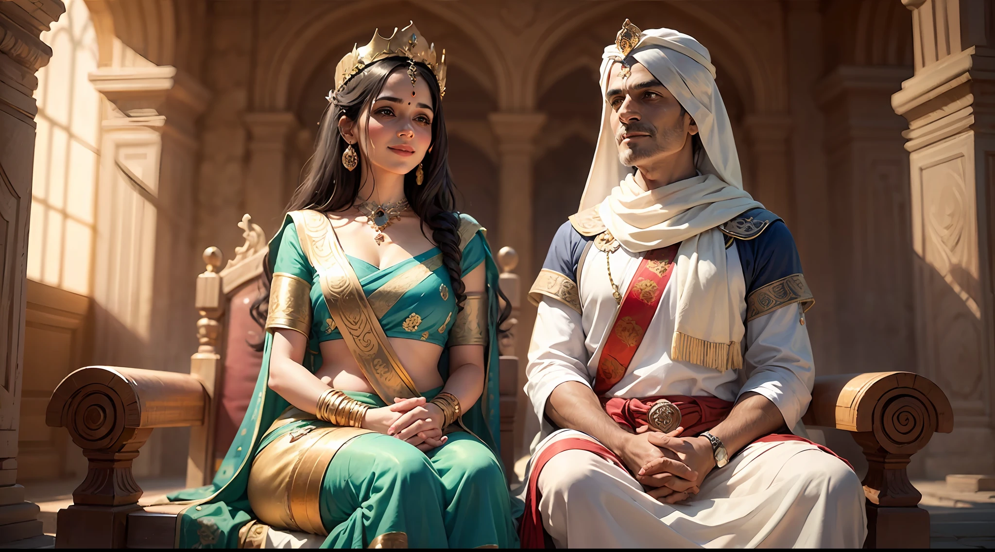 drawing, ultra realistic, 8k, extremely detailed, high quality, Night, natural light image, daytime, sunrays, ultra realistic image, realistic texture, extremely detailed, realistic texture, high quality, Real photo of an Indian couple, smiling, hands with crowns on their heads, sitting on thrones, on the outskirts of a beautiful royal palace in blue, white, gold, romantic atmosphere.