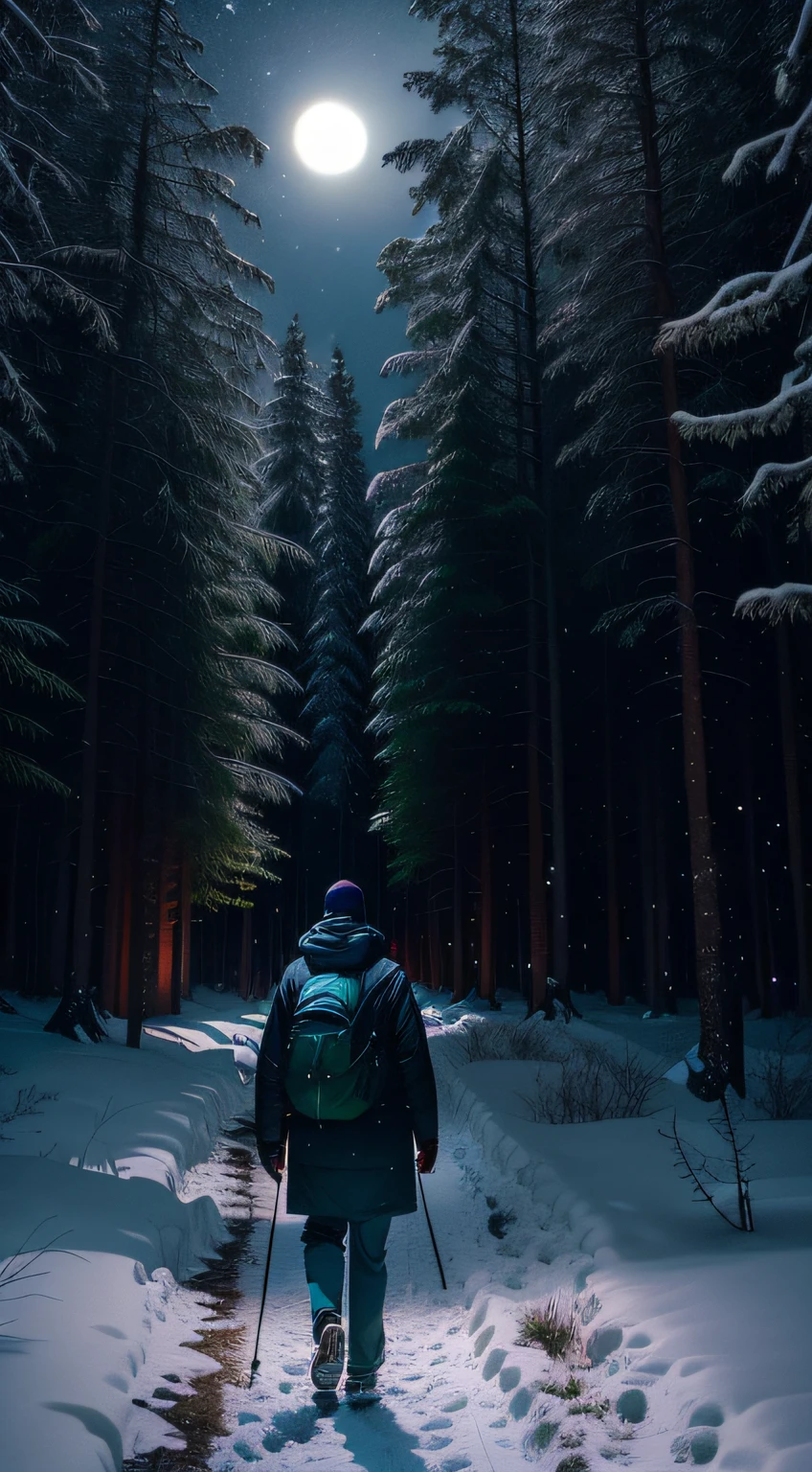 Man walking in the snow in a forest at night, standing in a dark forest, perdidos na floresta, in a forest at night, caminhando em uma floresta escura profunda, perdidos em uma floresta, no meio da floresta escura, in the forest at night, caminhando por uma floresta, ficou em uma floresta, Noite na floresta