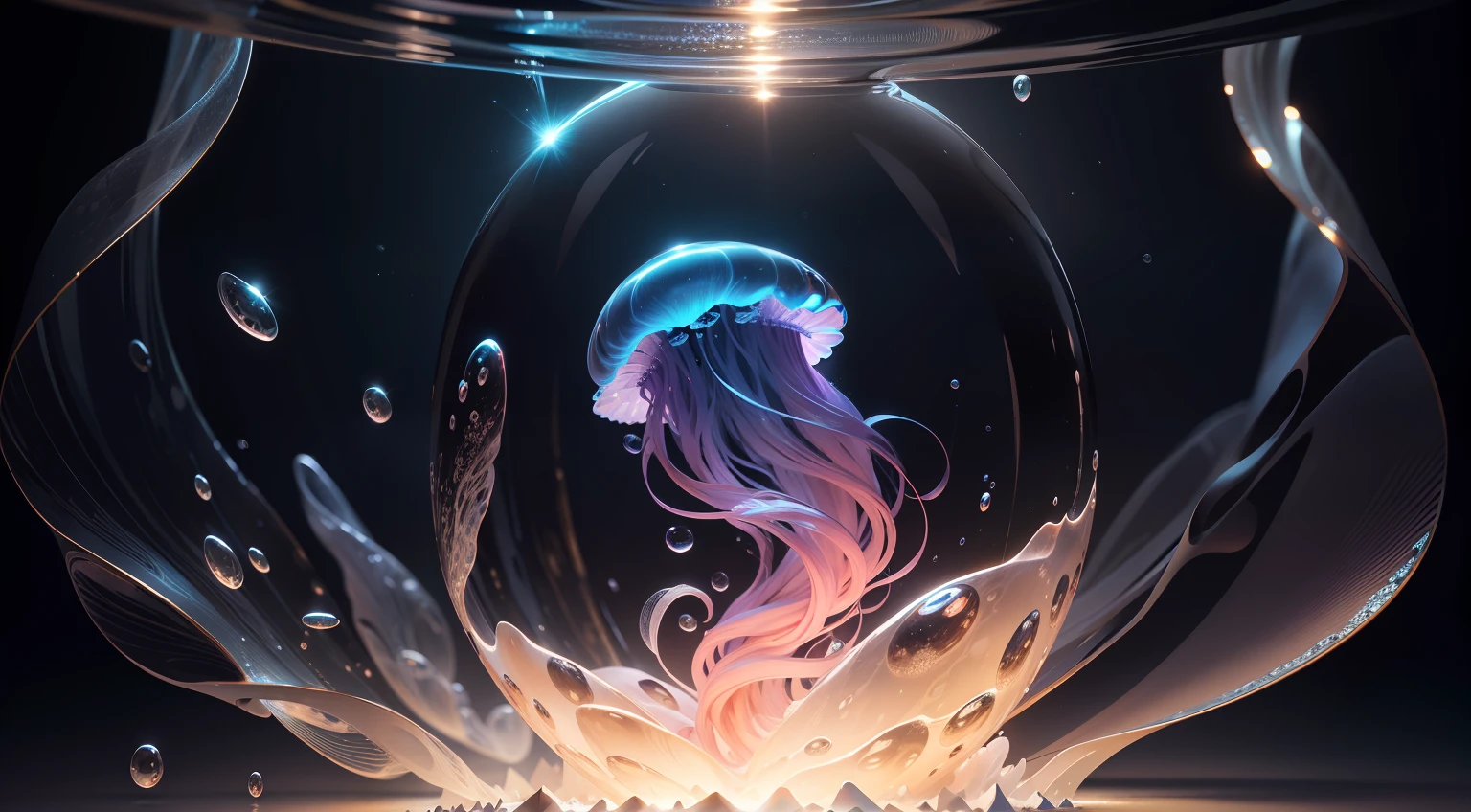 Deep jellyfish, kosmos,Crystal clear, Macroscopic scope, Dazzling, abyssal, mottled, Water waves, dispersion, Ray tracing, Dim light photography, Black background, Photography, Intricate, Ultra detailed, Professional lighting, illusion engine, fantasy, concept-art, Sharp focus, illustration, 8K has a magical and luxurious quality. Colorful full light. Advertising, Photo realism, Hyper-detailing, Ray tracing, hdr, 16K-ar16:9-Q.