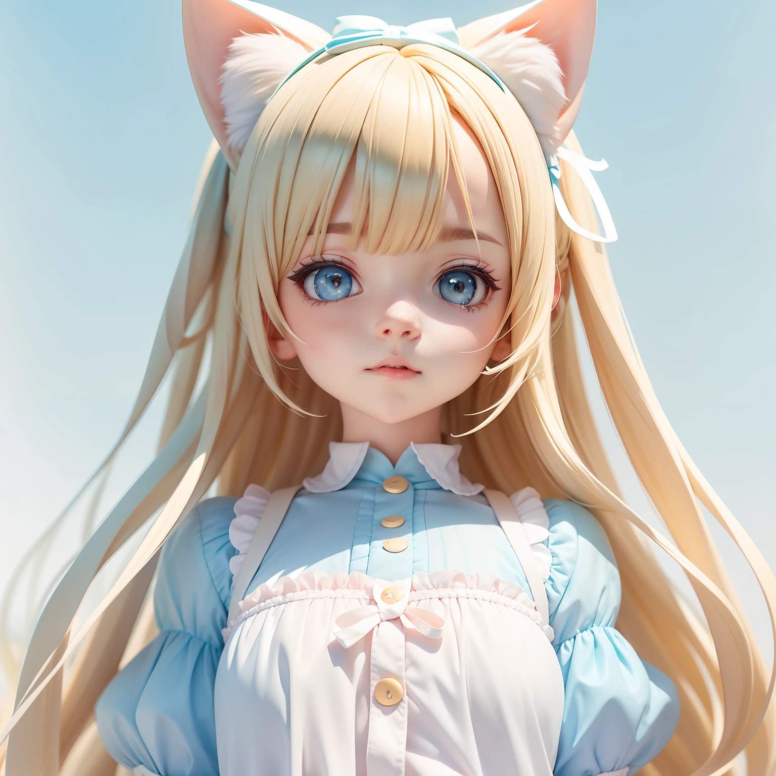 Cute anime girl with pastel blond hair, cat ears, wear pastel blue outfit adorable expression, white background in a portrait style.