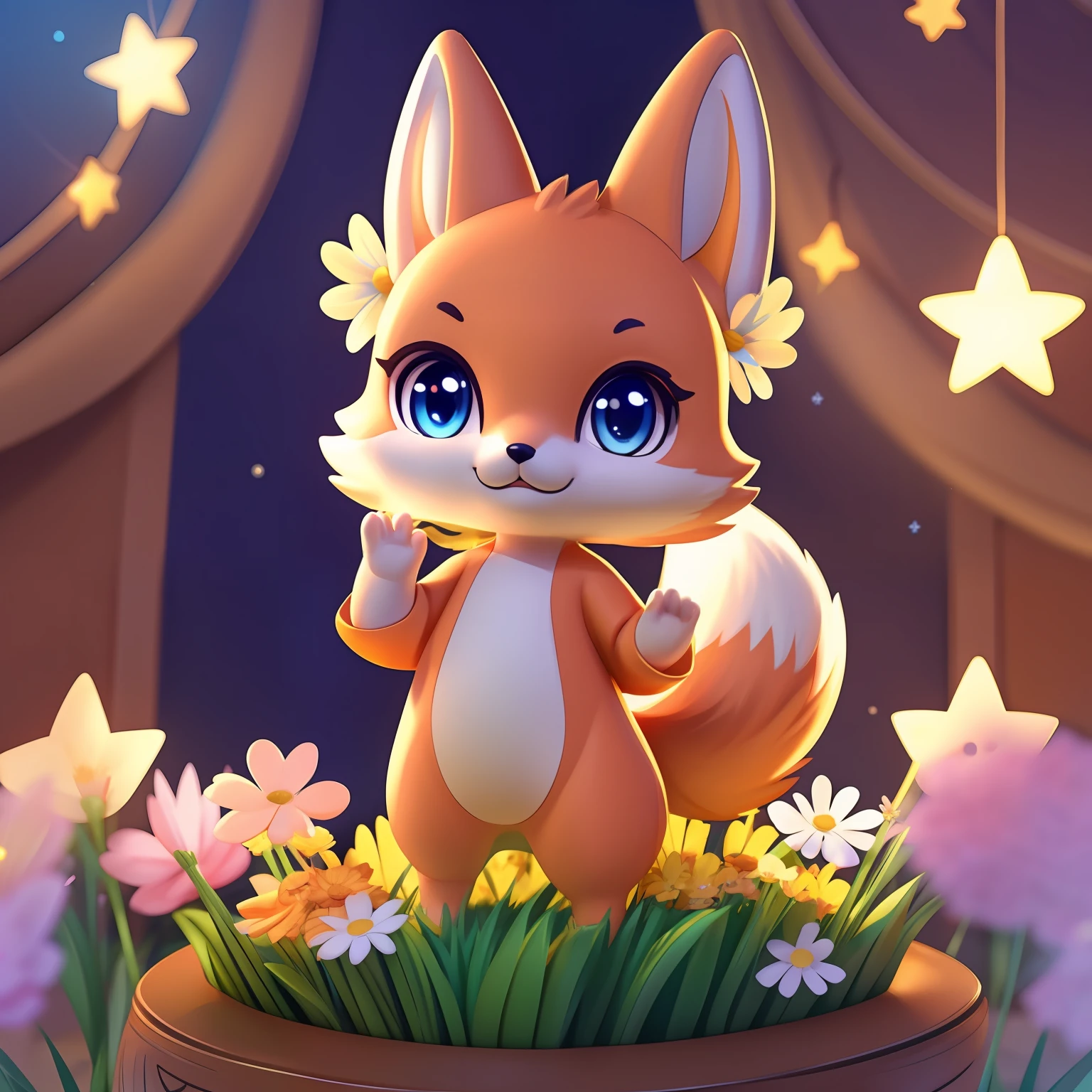 （​masterpiece）8K分辨率、top-quality、Fox character emphasizing fluffy tail and pretty eyes。 Painted with bright orange fur、Flowers and star decorations will increase cuteness.。