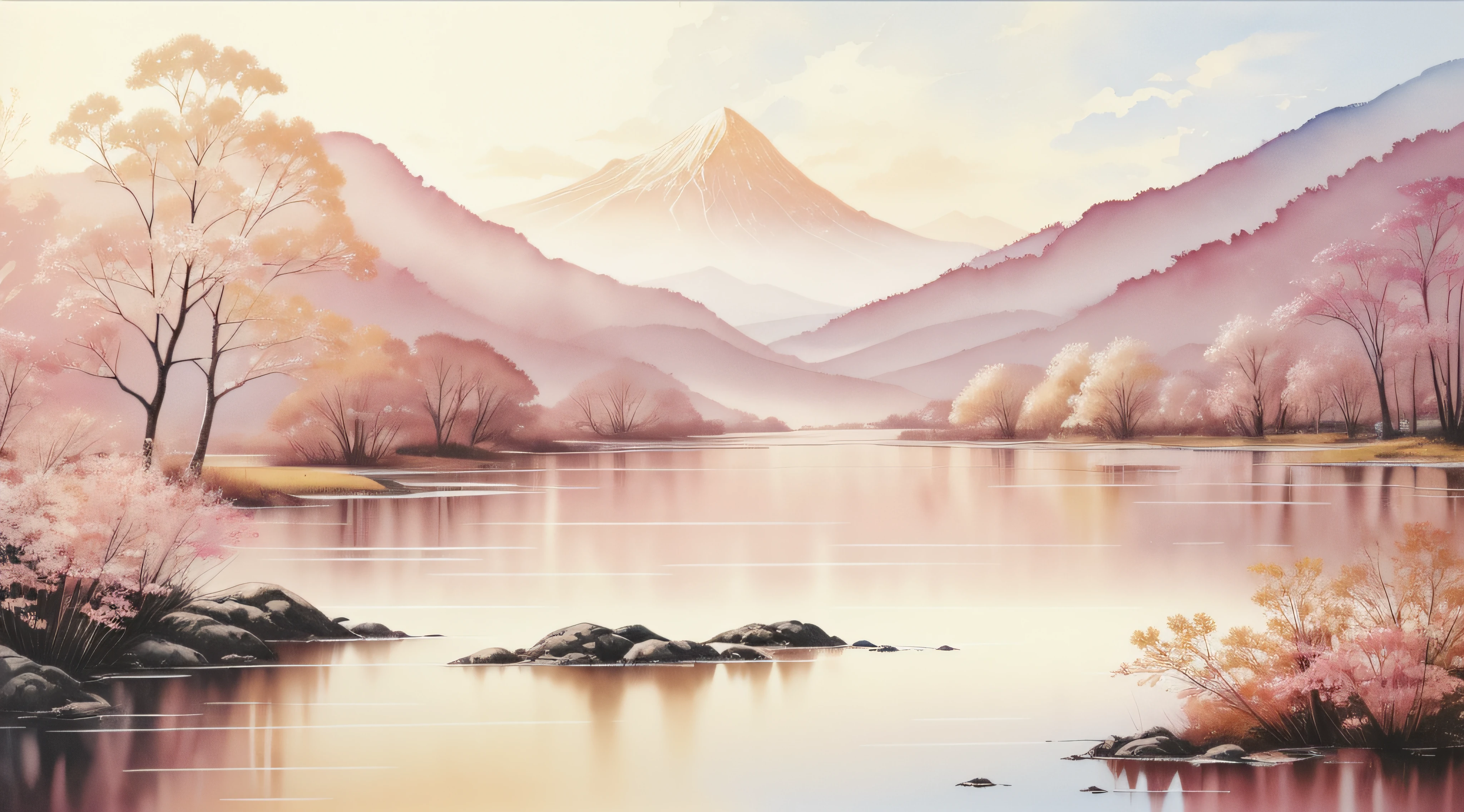 Watercolor landscape painting isolated on white background、watercolor paiting、Splash technology reproduces wet conditions、Blurred atmosphere、Unique composition、Abstract representation、Contains surrealist elements、Pale tones、Pale pink and gold color scheme、high-resolution details、Ink splash effect、Light shades。