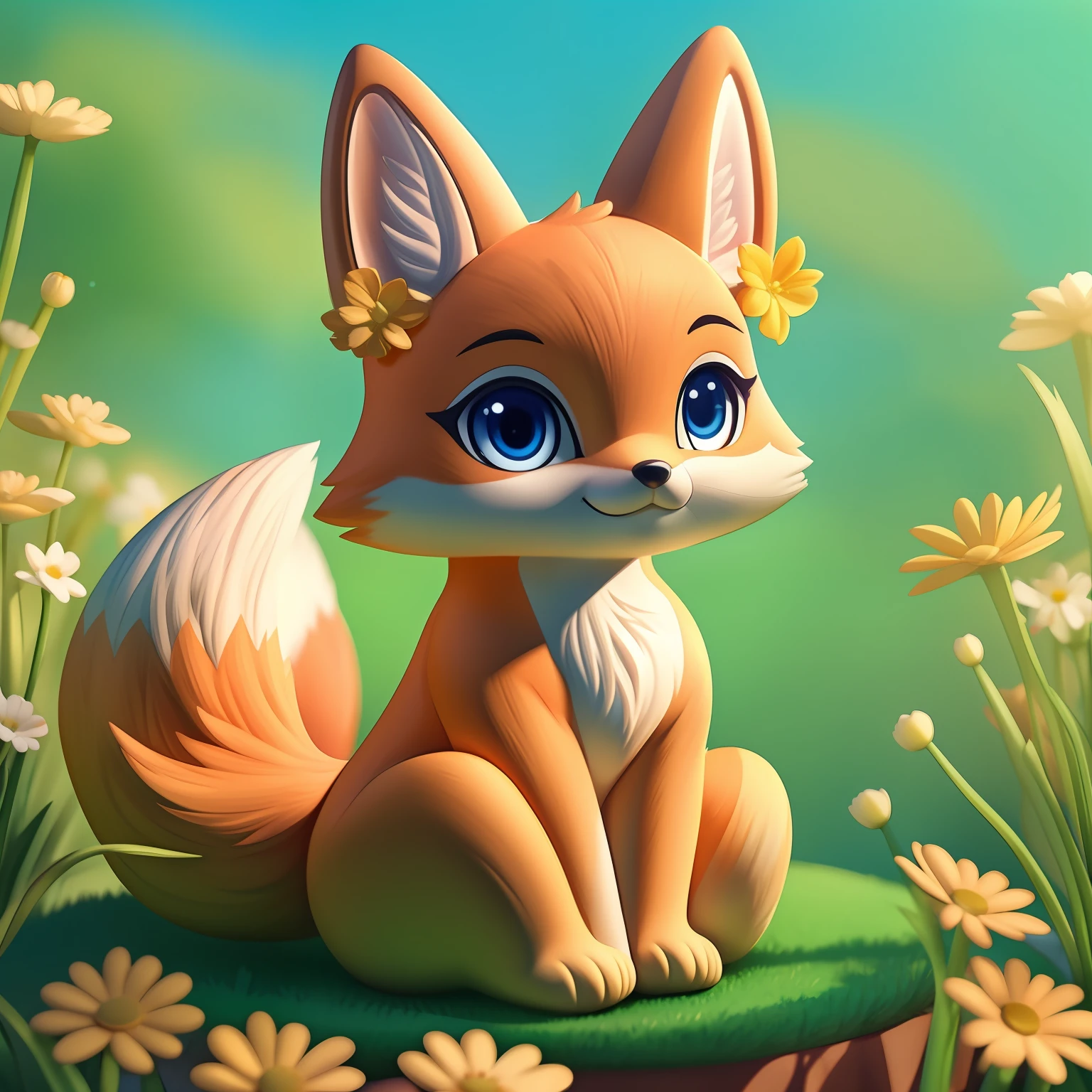 （​masterpiece）8K分辨率、top-quality、Fox character emphasizing fluffy tail and pretty eyes。 Painted with bright orange fur、Flowers and star decorations will increase cuteness.。