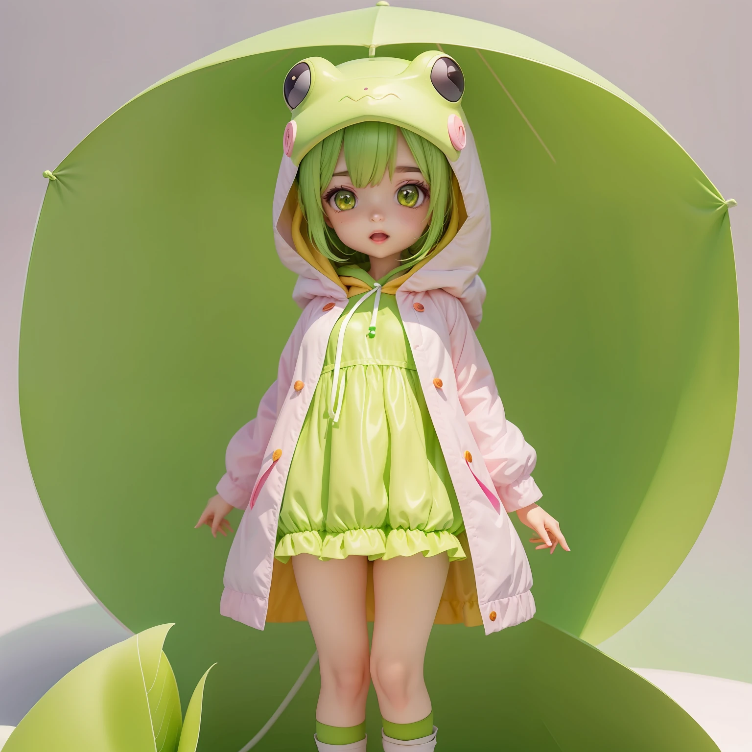 Cute anime frog girl with green shin and frog yellow eyes, wearing pink raincoat adorable expression, white background in a portrait style.