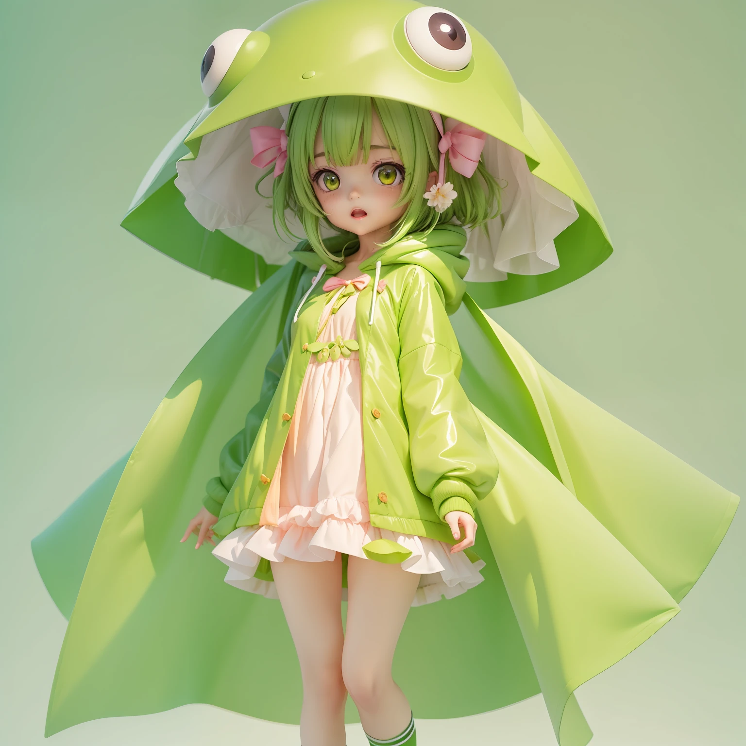 Cute anime frog girl with green shin and frog yellow eyes, wearing pink raincoat adorable expression, white background in a portrait style.