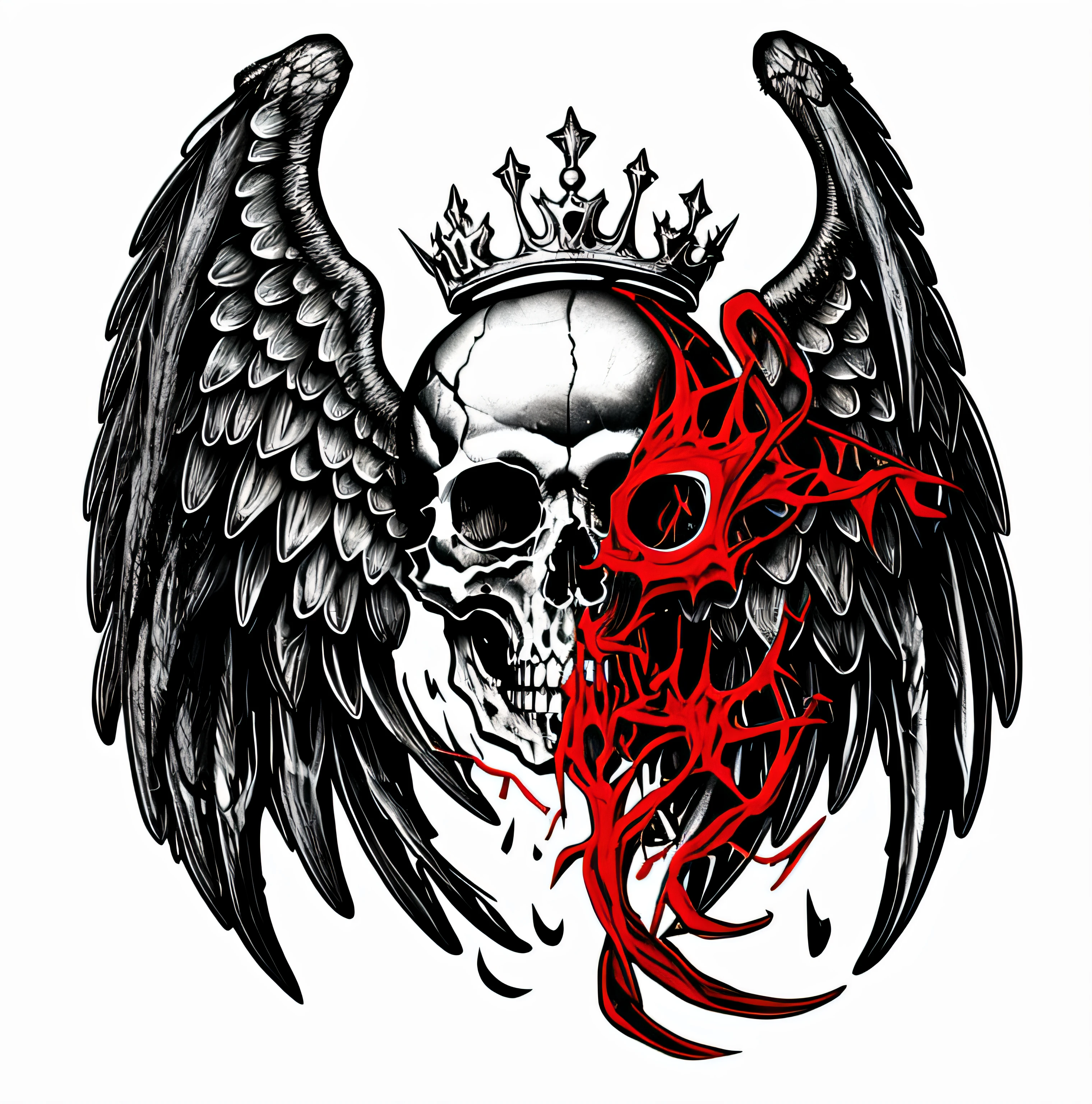 Black and white vectorized drawing of a bearded skull with wings and a crown on the head, vida e morte se misturando, diabo versus anjo, anjo versus diabo, morphing skulls, o bem e o mal, fantasy skull, satanic wings, Heaven and Hell, angels vs demons, anjo da morte, O Anjo da Morte, arte escura altamente detalhada, com asas infernais do diabo, Adornada, altamente detalhado, Preto e branco, bordado