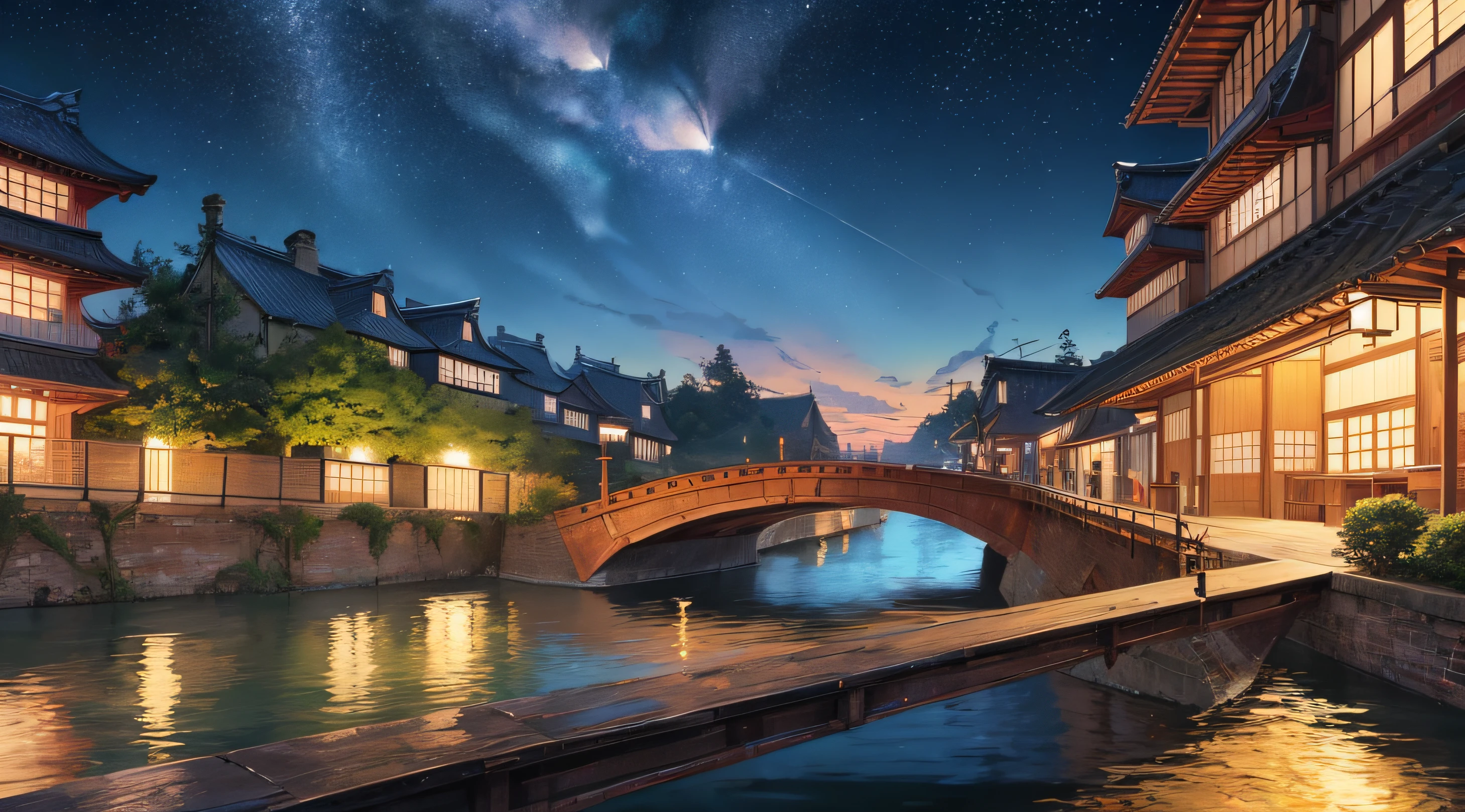moonlit sky，Lanterns and bridges over canals，In the style of the night core，Detailed world architecture，Japanese style art，Sky blue and white，style of anime，Reflection of the sparkling surface of water，Landscape inspiration - AR40:53 -niji 5