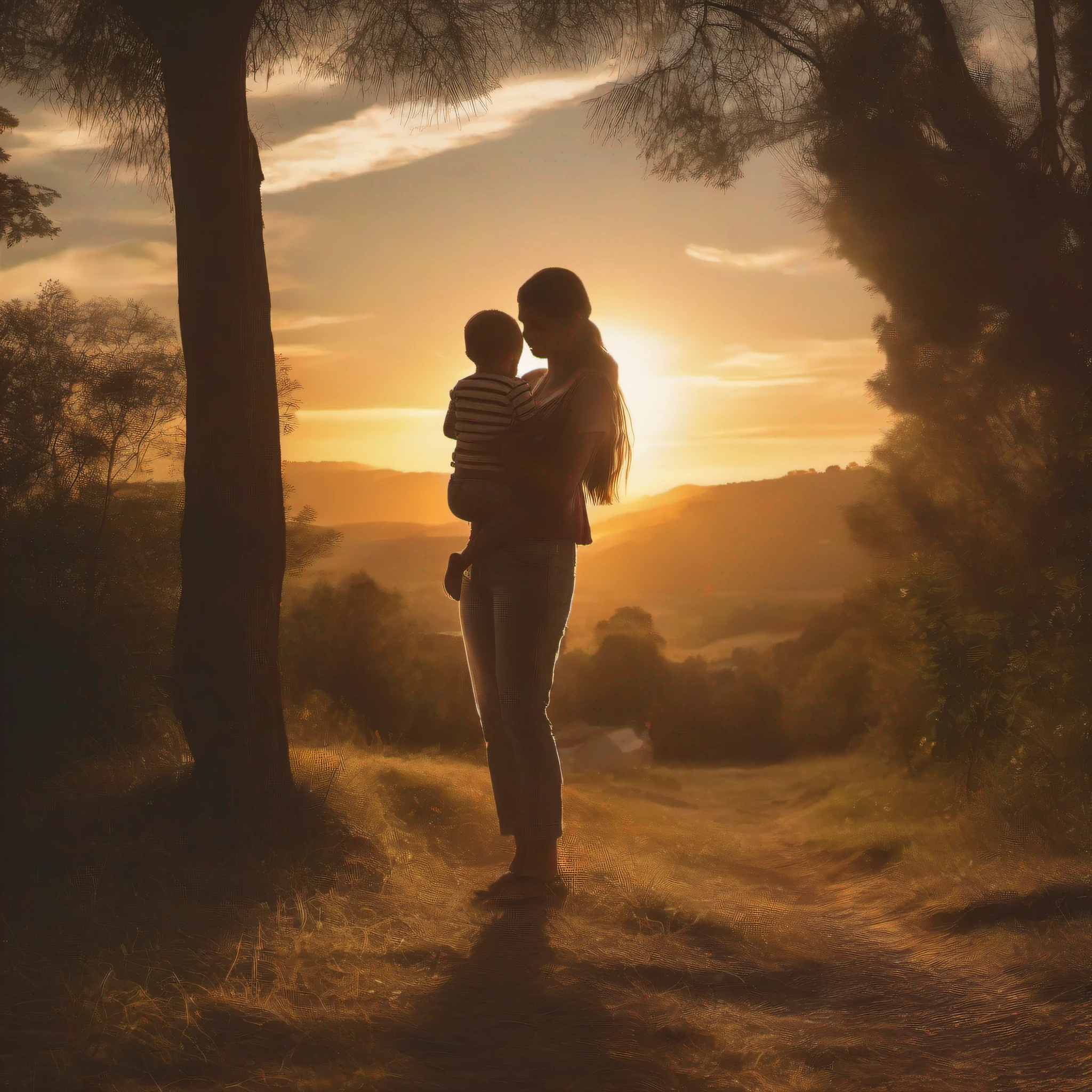 A beautiful mother holding her son in her arms, Standing watching the sun go down, bright rays of the sun at dusk reflected in the mother and her child, fundo paisagem rural com montanhas ao fundo, imagem muito sentimental, 16k, Realistic, cinematografic.