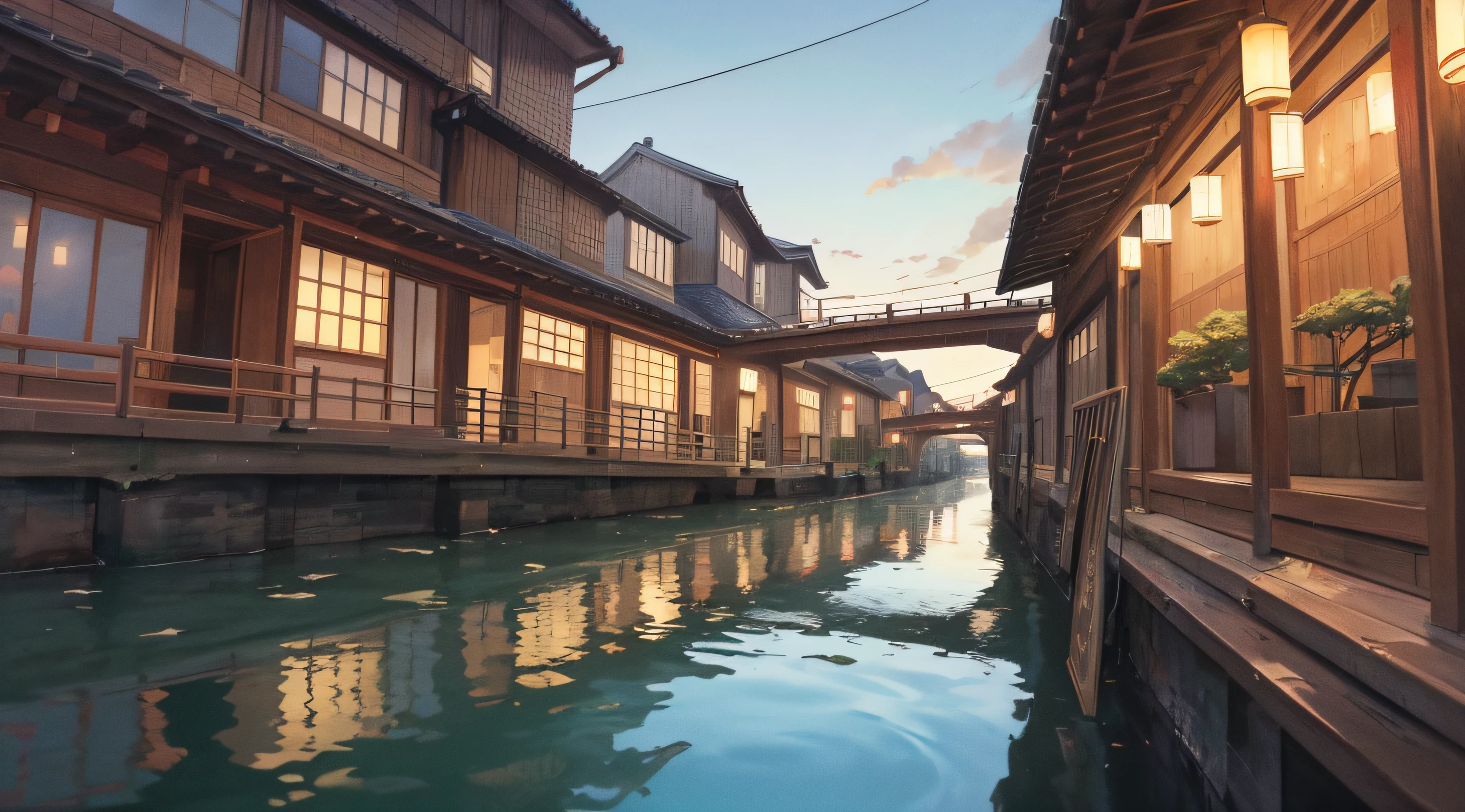 moonlit sky,Lanterns and bridges over canals,In the style of the night core,Detailed world architecture,Japanese style art,Sky blue and white,style of anime,Reflection of the sparkling surface of water,Landscape inspiration - AR40:53 -niji 5