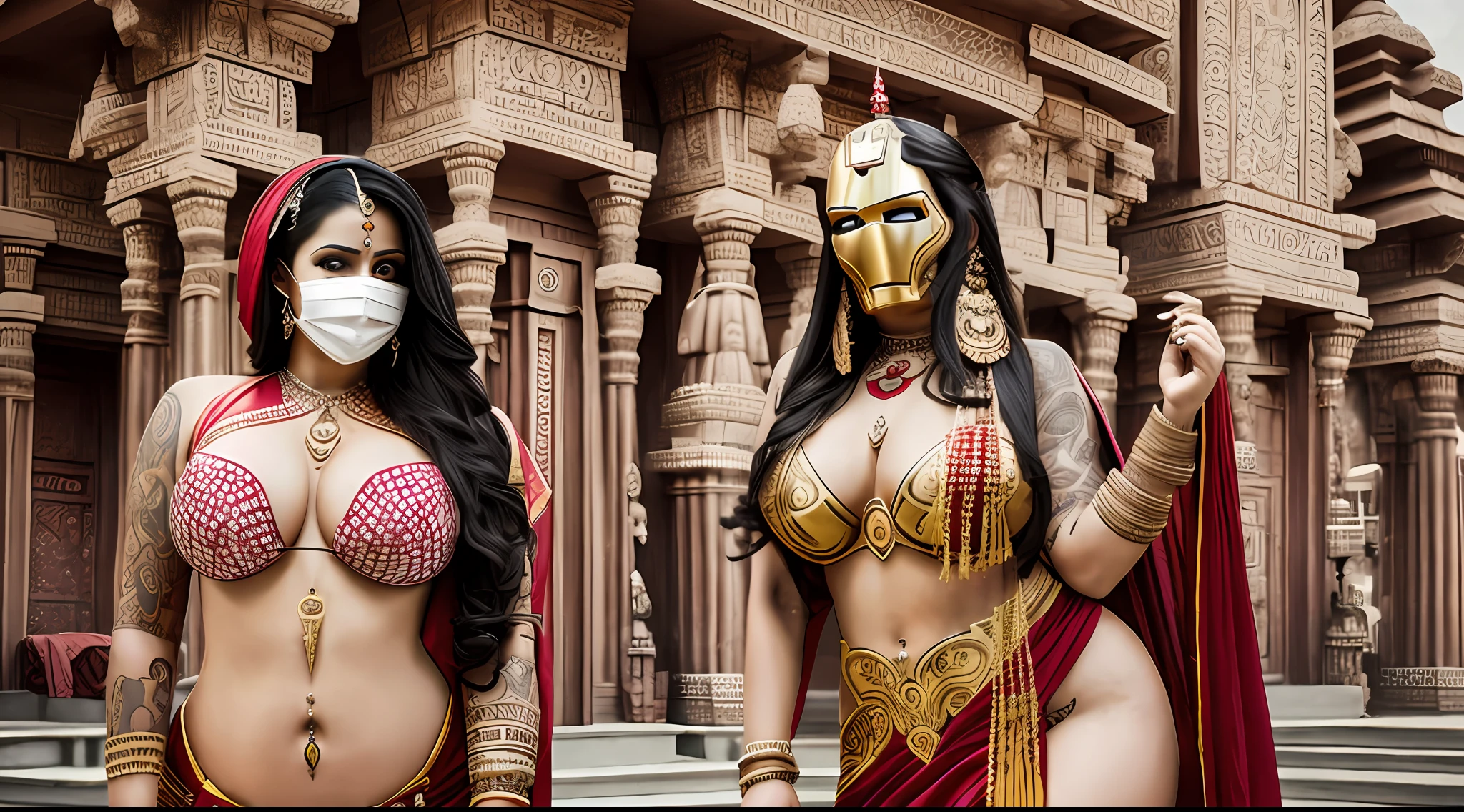 Voluptuous priestess with tattoos and percings on her body and an Iron Man mask outside a Hindu temple Ultra-realistic photo --auto