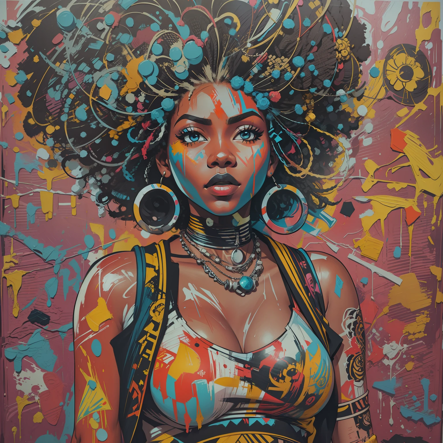 Afropunk, Oil paint, block print, graffiti art, abstract painting, color splashes, highly detailed, trending on artstation