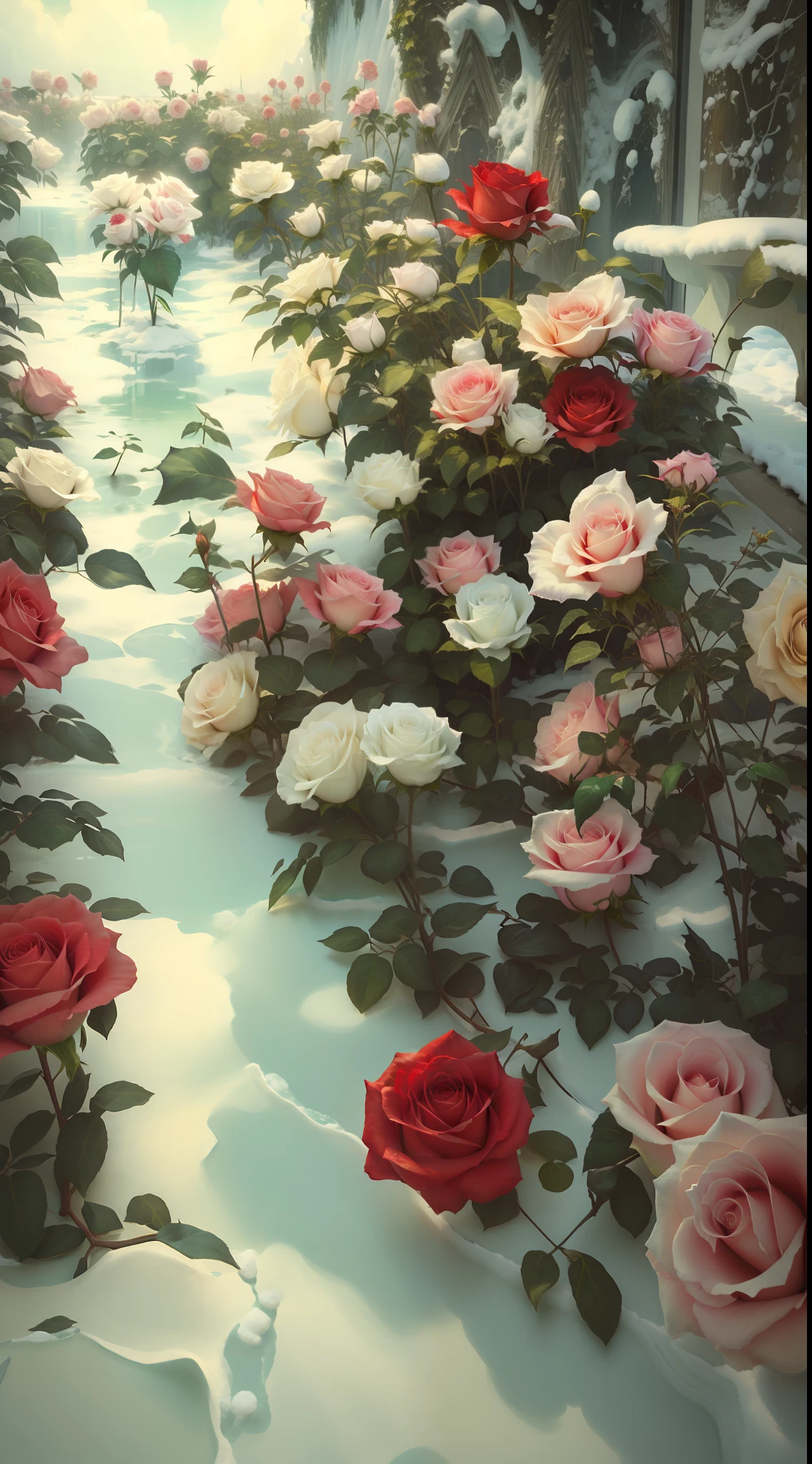 There are many white and red roses in the snow, an aesthetic field of flowers, with frozen flowers around her, roses in cinematic light, white and red roses, Beautiful and aesthetic, beautiful aesthetic, rosette, Rose garden, there's flowers everywhere, rosses, a few roses, beautiful flowers growing, hyperrealistic aesthetic, laying on roses, aesthetics, Beautiful flowers，8K high quality detailed art