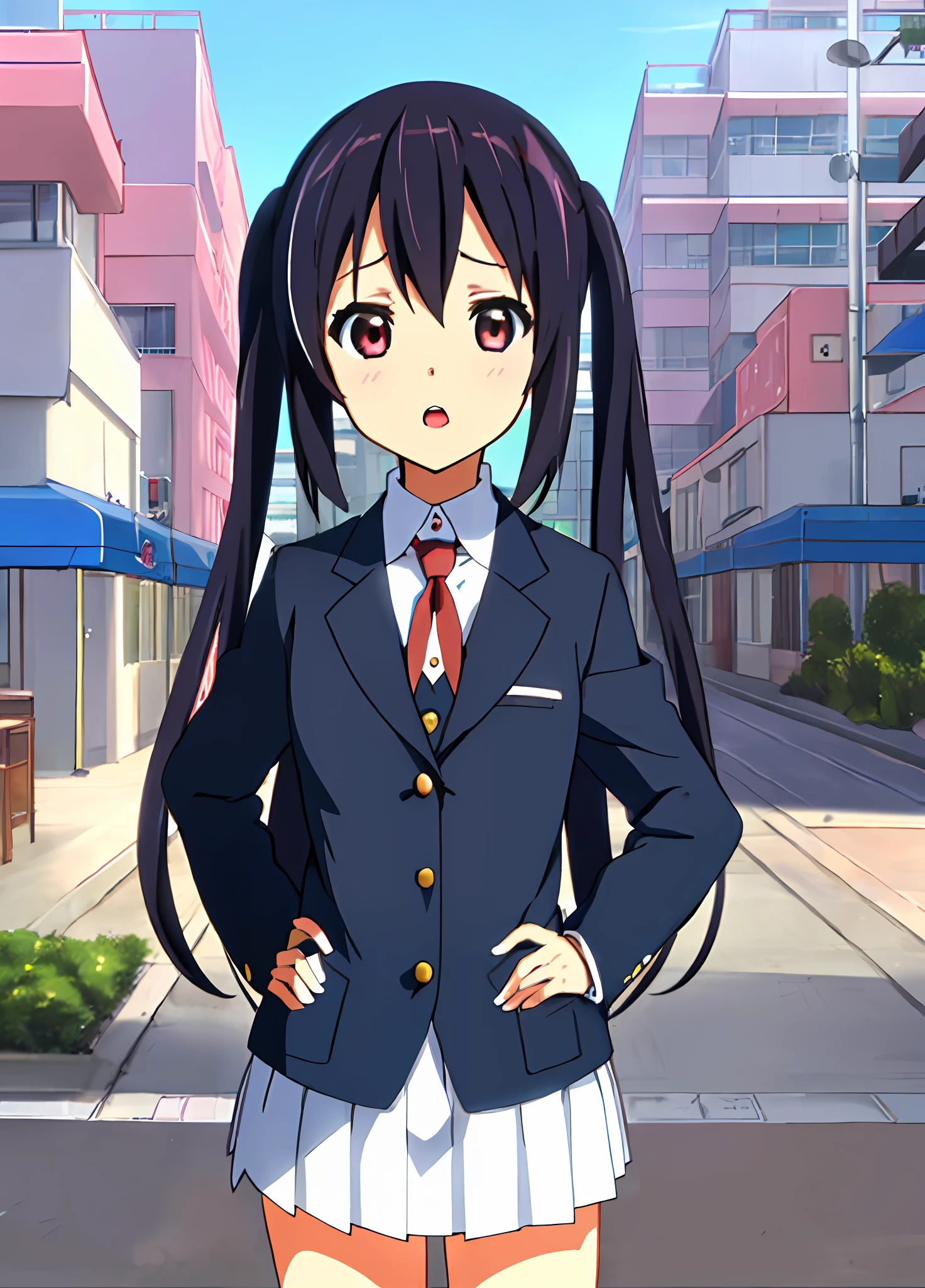 1girl, (((masterpiece))), top-quality, top-quality, High Details, nakano azusa, 1girl, Sakuragaoka High School Uniform, student clothes, Twin-tailed, length hair, A dark-haired, brown-eyed, 独奏, reddish, Dark blue blazer with thin red ribbon, Solid white buttoned shirt under blazer, illustratio, comic strip, soothing tones, Subdued Color, Soft cinematic light, adobe lightroom, photolab, HDR, intricately and hyper-detailed、(((depth of fields))))。(((masterpiece)))。(((top-quality))).)((ultra-detailliert)))。(((illustratio)))。(((takeout))).dynamic focus.big breasts.(((Skyscrapers))).(((A city scape))).(((Face of sadness))). open mouth.(((put hands on the hip))).(((up chest))).((evening glow)).((the setting sun)).