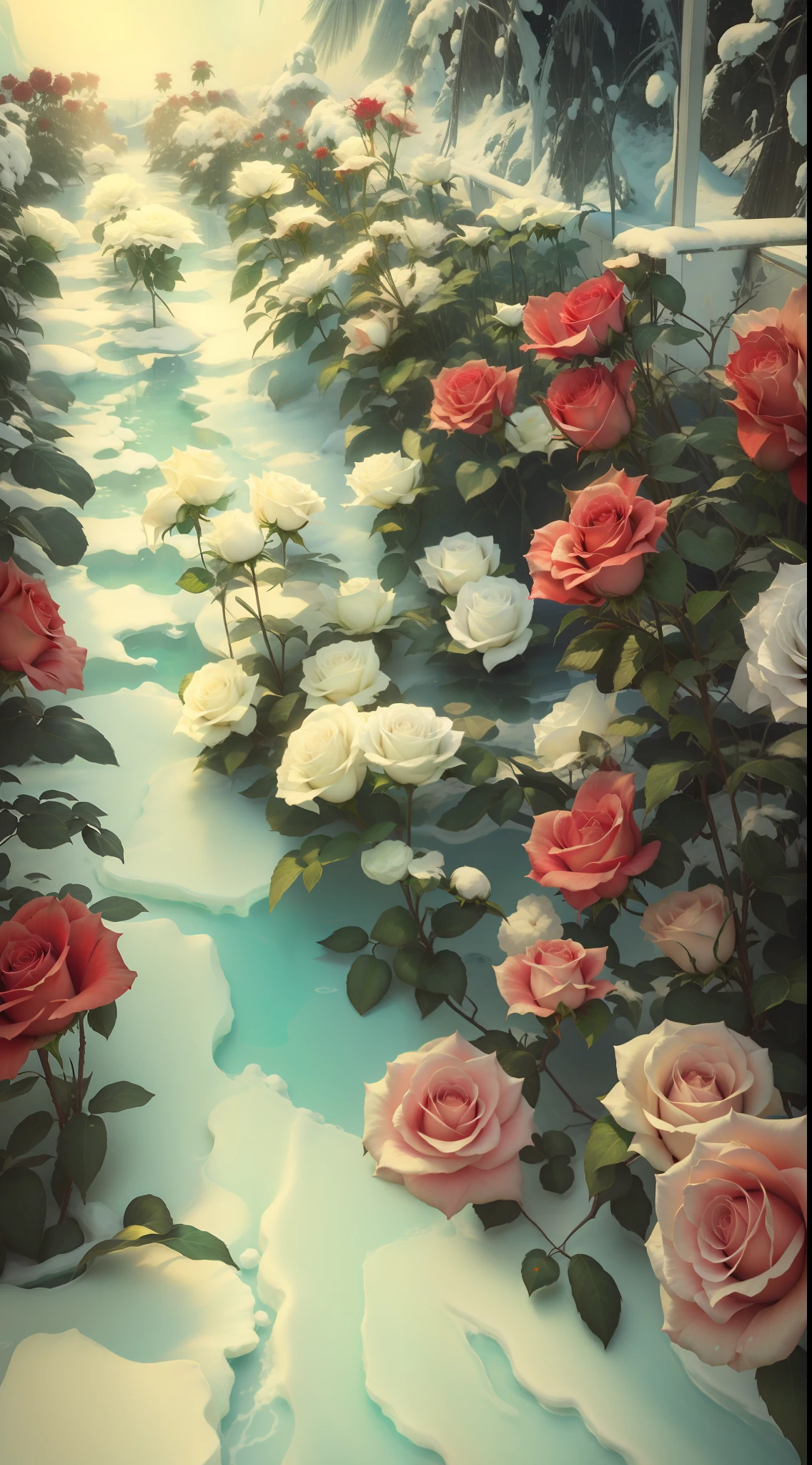 There are many white and red roses in the snow, an aesthetic field of flowers, with frozen flowers around her, roses in cinematic light, white and red roses, Beautiful and aesthetic, beautiful aesthetic, rosette, Rose garden, there's flowers everywhere, rosses, a few roses, beautiful flowers growing, hyperrealistic aesthetic, laying on roses, aesthetics, Beautiful flowers，8K high quality detailed art