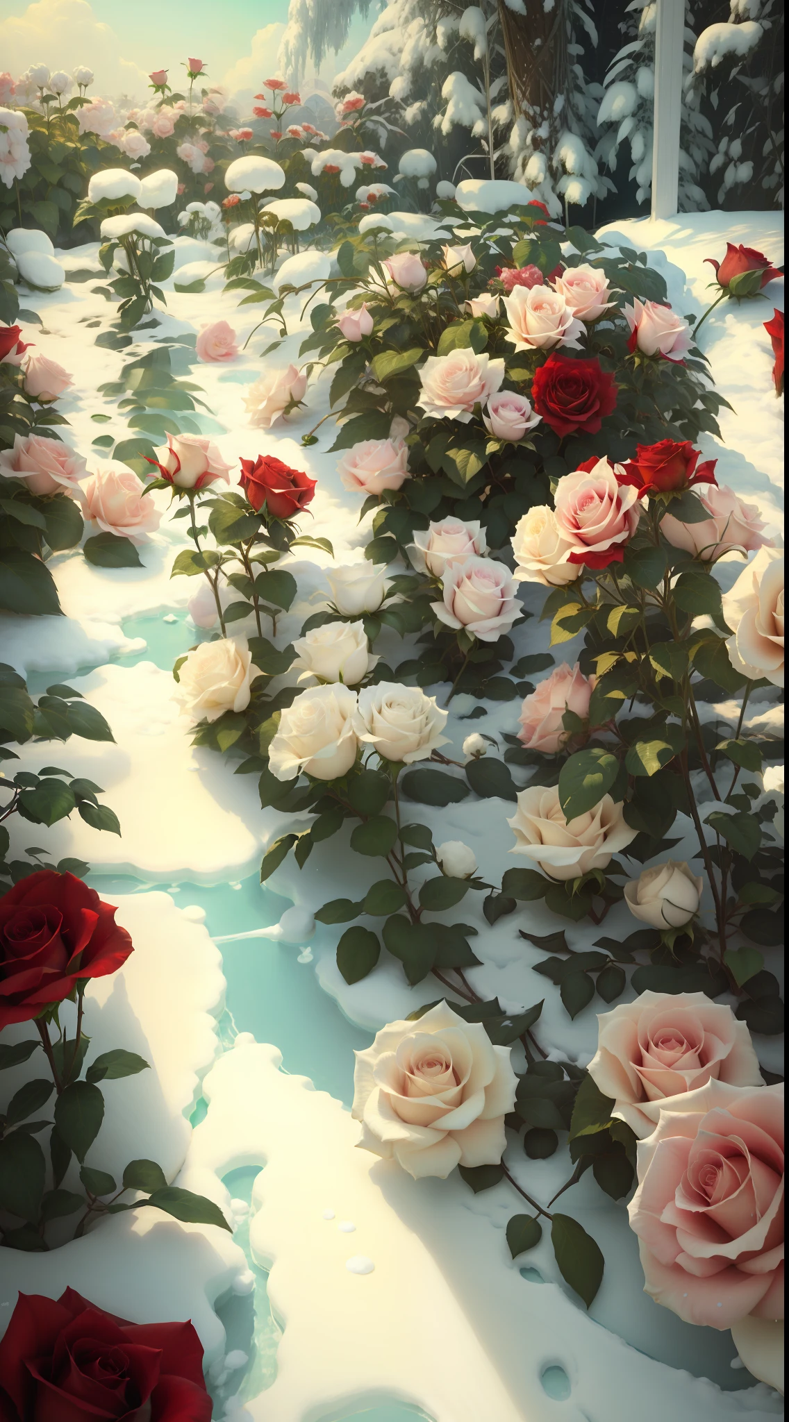 There are many white and red roses in the snow, an aesthetic field of flowers, with frozen flowers around her, roses in cinematic light, white and red roses, Beautiful and aesthetic, beautiful aesthetic, rosette, Rose garden, there's flowers everywhere, rosses, a few roses, beautiful flowers growing, hyperrealistic aesthetic, laying on roses, aesthetics, Beautiful flowers，8K high quality detailed art