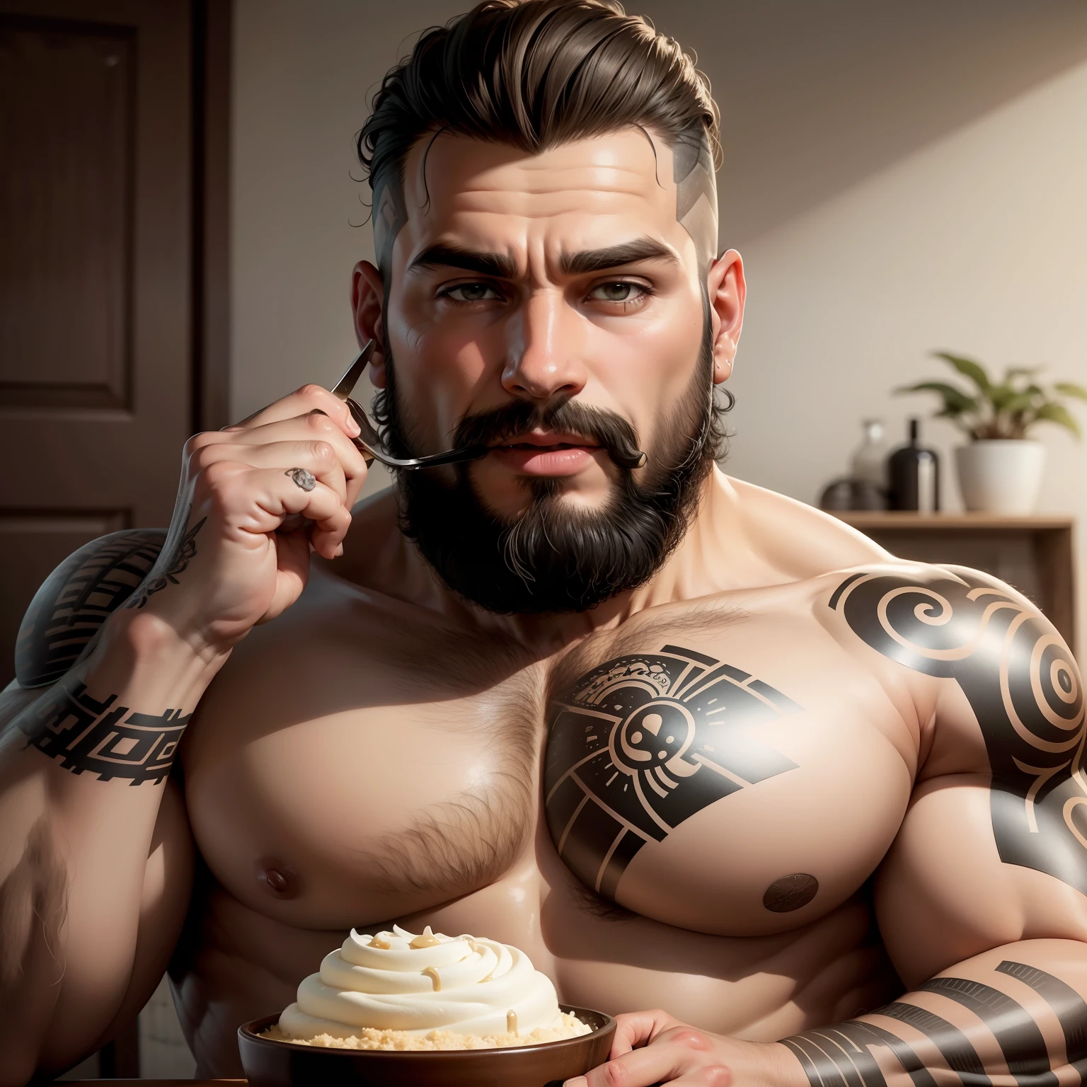 por favor crie uma imagem de um homem bem gordinho comendo, soldado, em batalha, ultra realista, super detalhado, peludo, suado, careca, com bigode, acima do peso, 4k, Eating physiognomy, retrato, tatuagens rusticas, com armadura, pouco cabelo, cabelo raspado, sujo