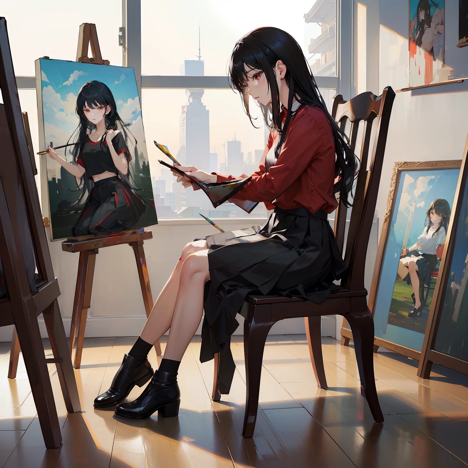 ​masterpiece、hightquality、vivd colour、(((Long Black Hair)))、(((Red Shirt)))、(((a black skirt)))、(((Model sitting on a chair)))、(((doing a drawing model)))、(((people painting)))