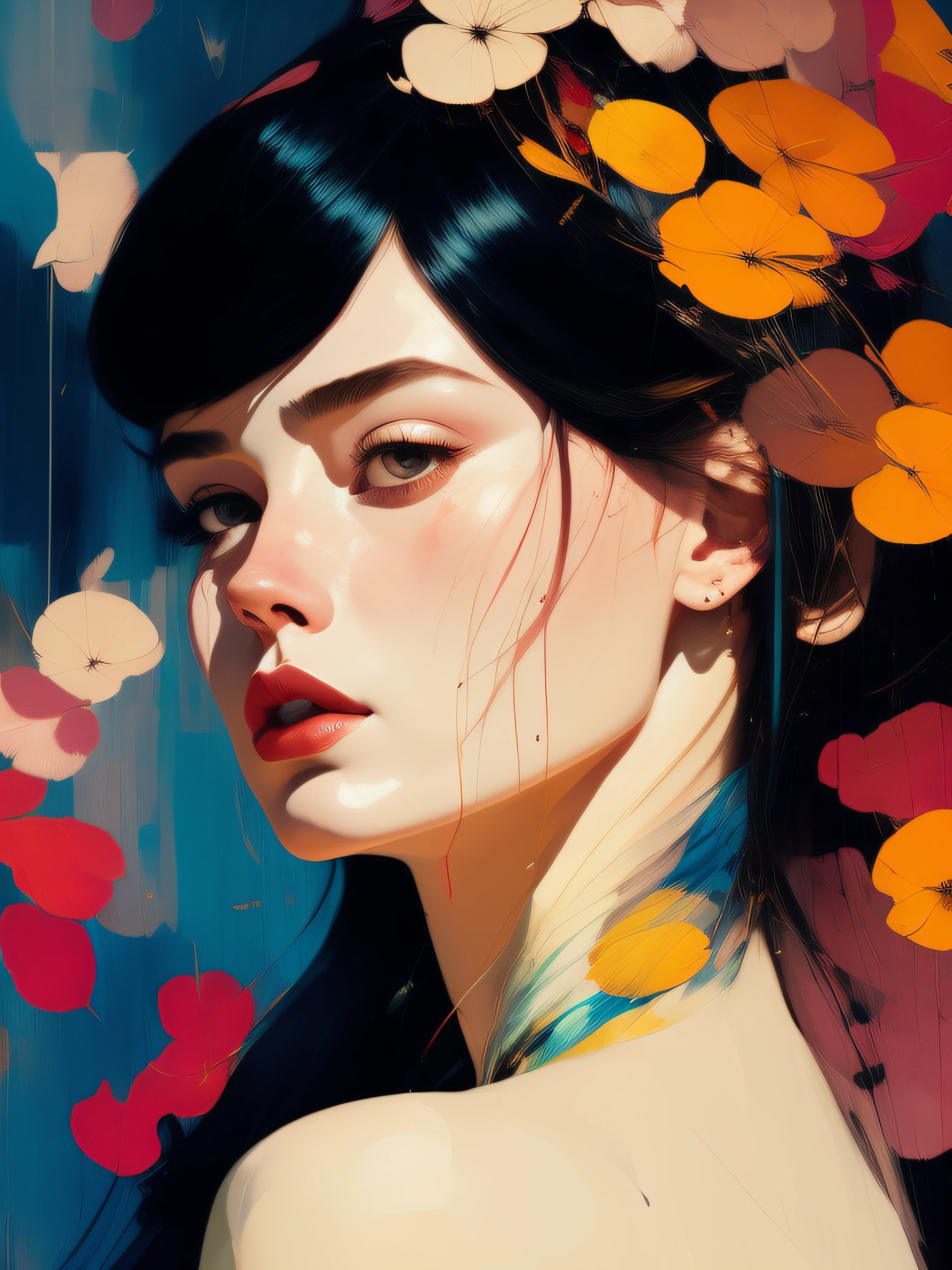 there is ugliness in beauty, but there is also beauty in ugliness. in the style of adrian ghenie, esao andrews, jenny saville, edward hopper, surrealism, dark art by james jean, takato yamamoto, inkpunk minimalism, A beautiful woman in a pose, in spring, artbook, game_cg, Japanese, Plump,Portrait of a stunningly beautiful, fashion editorial, studio photography, magazine photography, pointed nose, blurry background