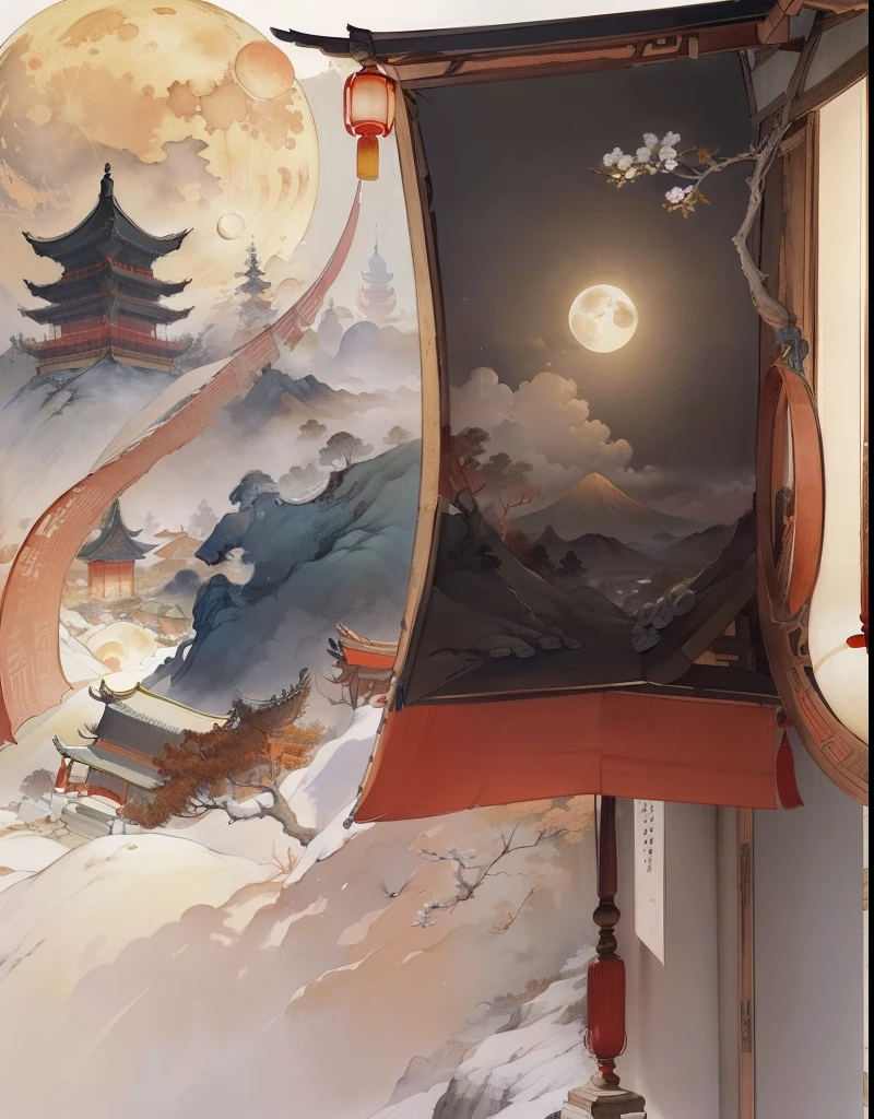 Ancient Chinese landscapes,Ancient buildings,Pavilions,Carved beams and paintings,enchanting scenery,Night,Moon light,Layered, Rich light and shadow,Mid-Autumn Festival, Ink painting style,clean color,Low-saturation colors,Colors of low brightness,Decisive cut,Leave white space,impressionistic,tmasterpiece,ultra - detailed,Epic composition, HighestQuali,hyper realisitc,Art germ --v 6