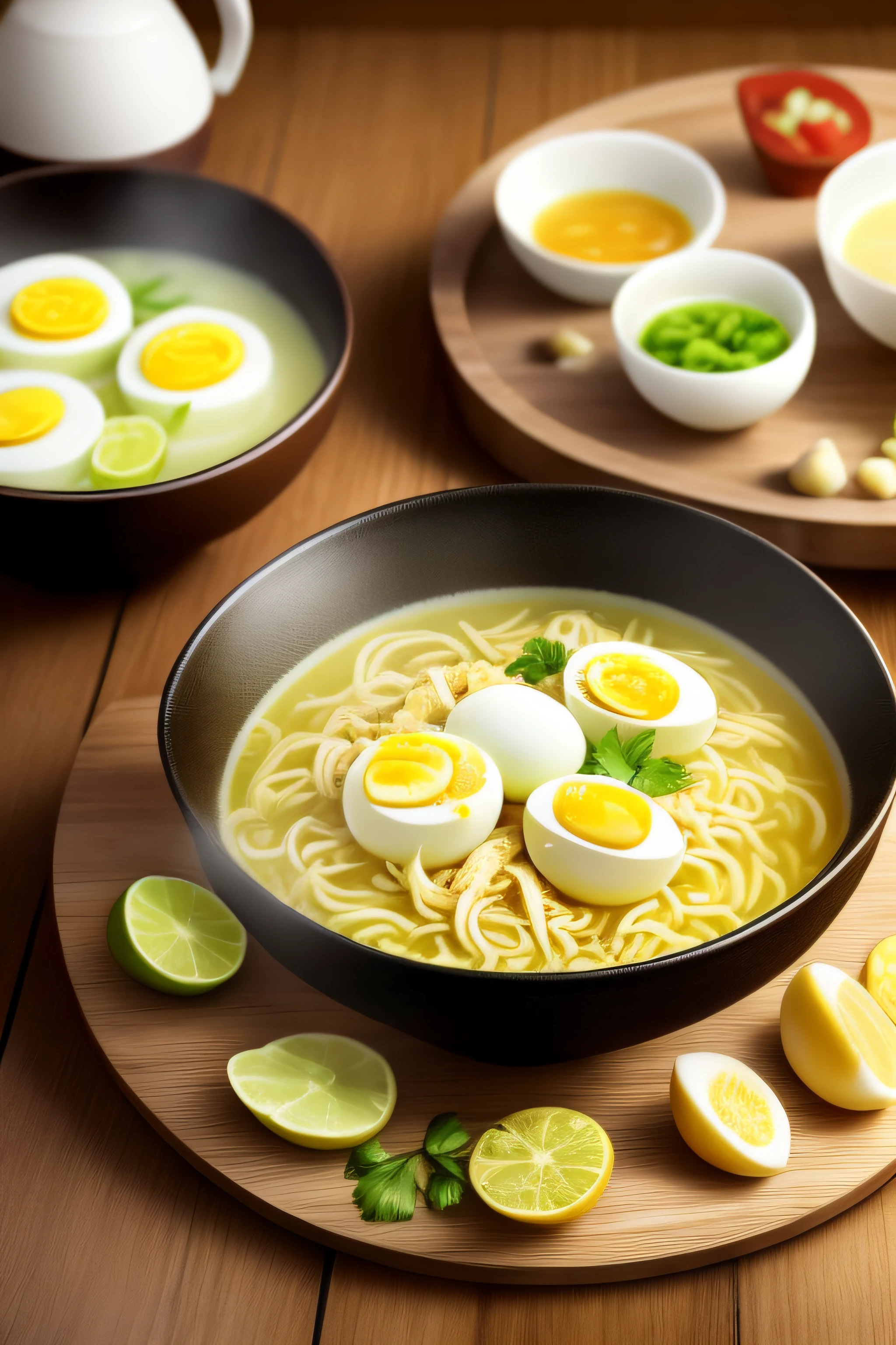 food，photography of，A bowl，chicken slices，Noodles and boiled eggs on a wooden table，Yellow soup，lime，Hot steam，soft focus，blur backgroun