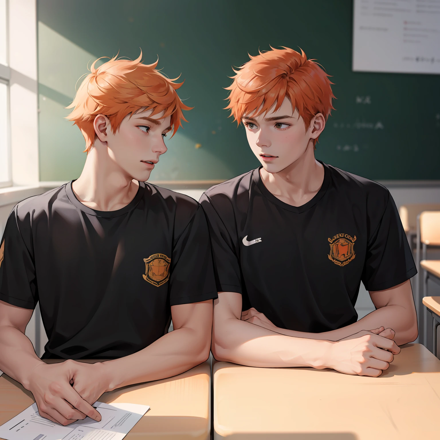 Two 15-year-old orange-haired teenage friends chatting at school share a secret that they're almost friends with siblings... (usar los mismo personajes)