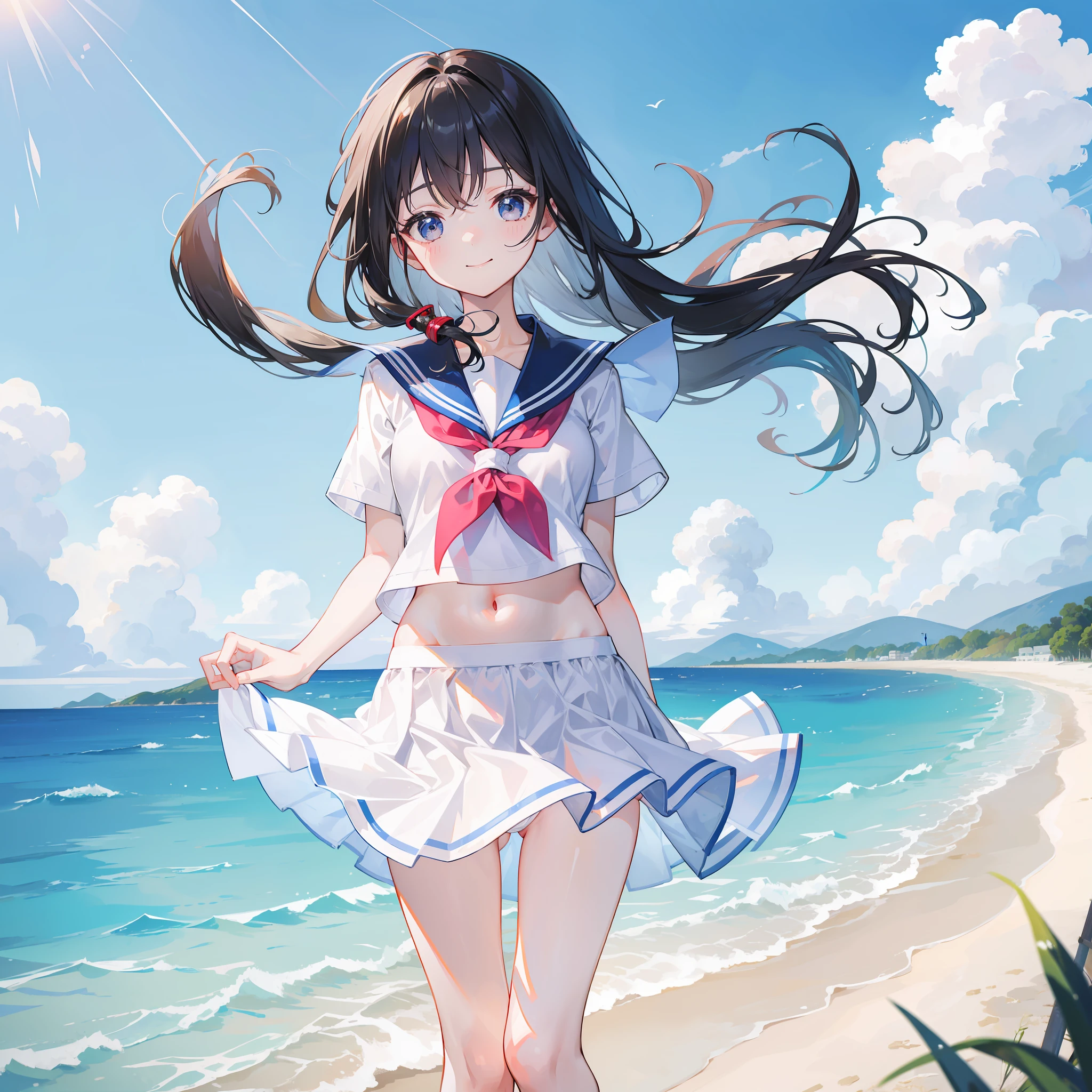 8years old Elementary school girl A smile a sailor suit Sea in the countryside in summer Standing on the beach The wind is blowing The skirt is rolled up White panties are visible Genital visible