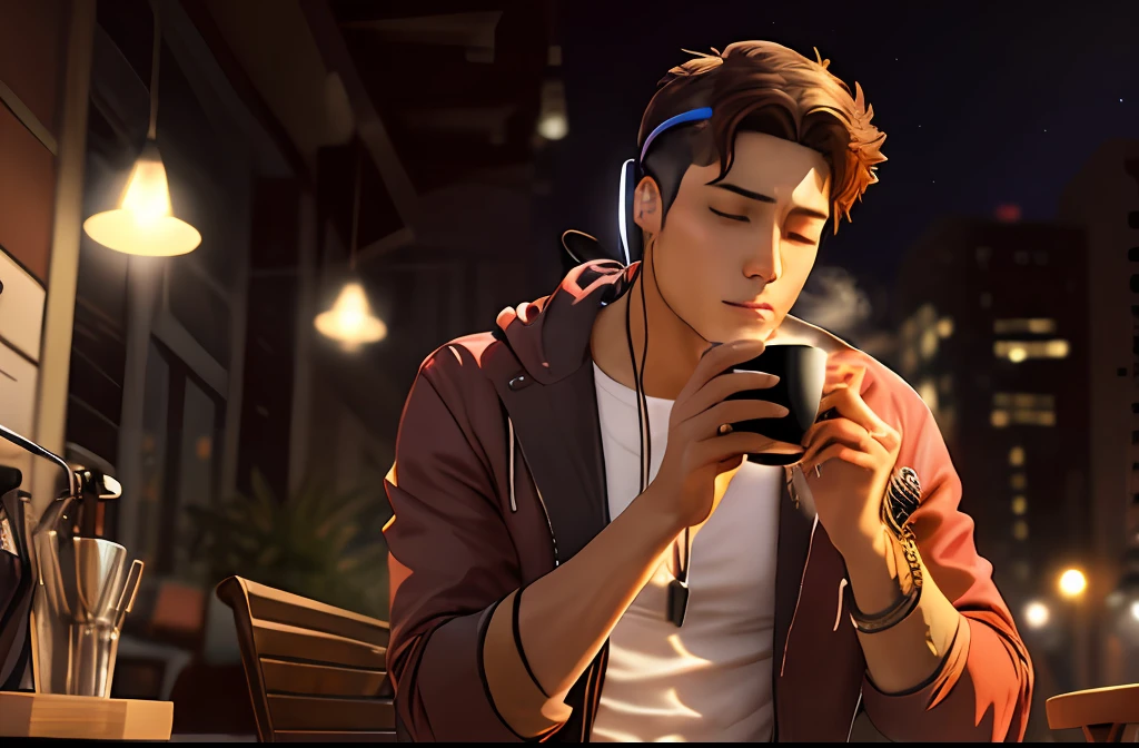 "(realista) Man listening to music while sipping a hot coffee"