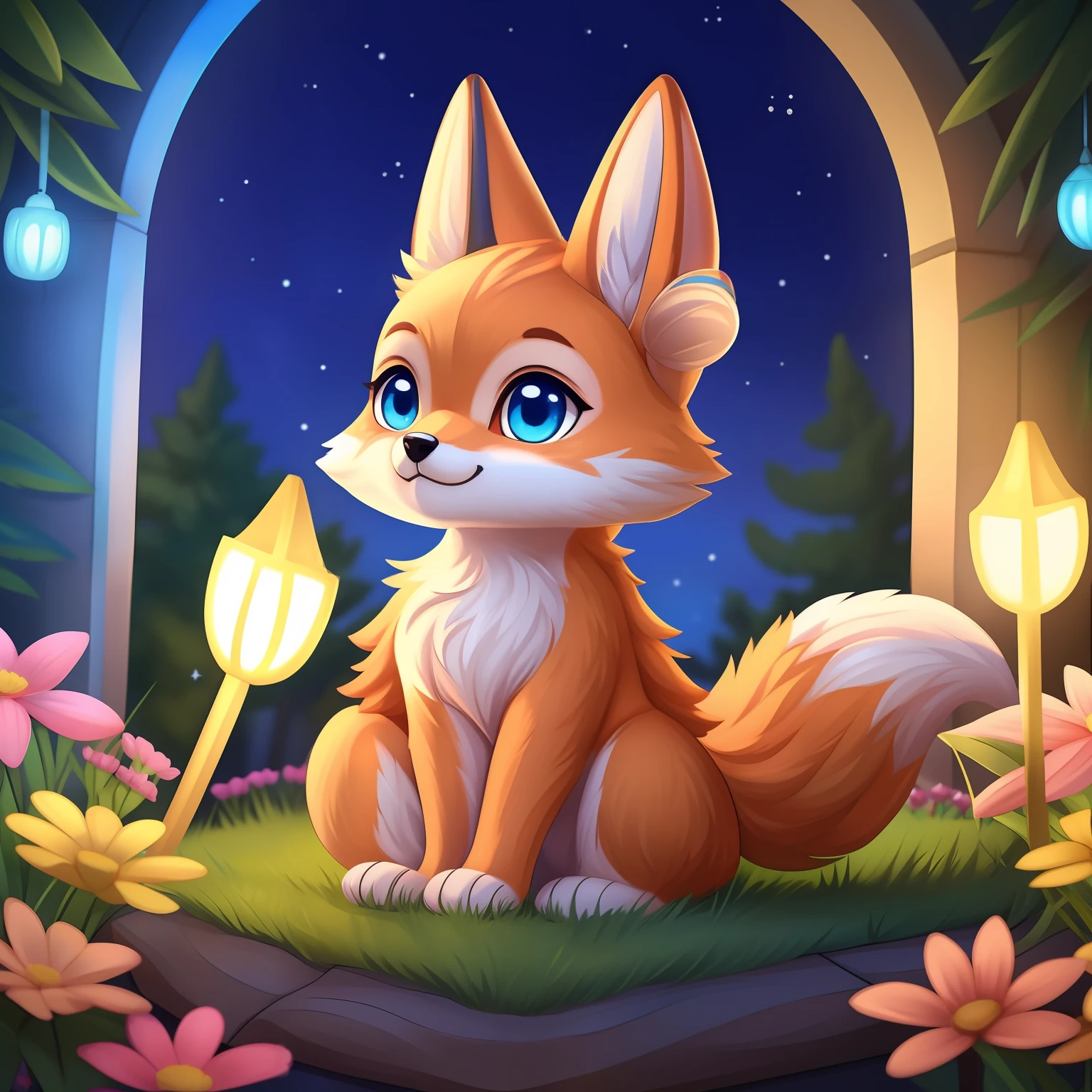 （​masterpiece）8K分辨率、top-quality、Fox character emphasizing a fluffy tail and pretty eyes。 Painted with bright orange fur、Flowers and star decorations add to the cuteness.。