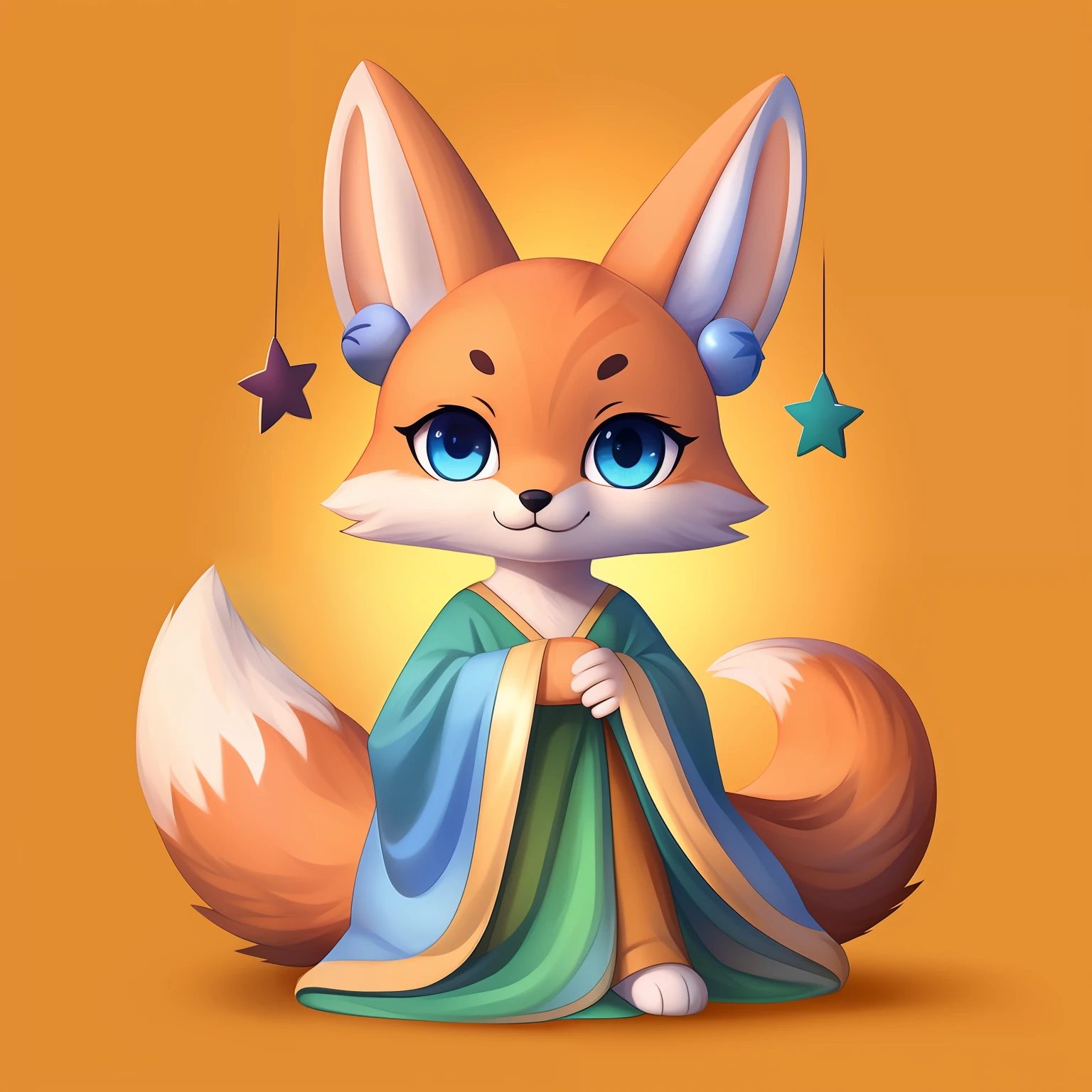 （​masterpiece）8K分辨率、top-quality、Fox character emphasizing a fluffy tail and pretty eyes。 Painted with bright orange fur、Flowers and star decorations add to the cuteness.。
