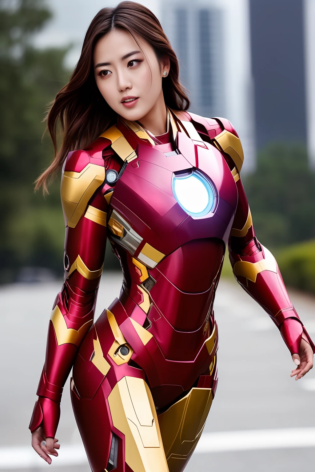 extremely detailed photo of a woman wearing iron man suit, Hana haruna, large breasts, wide hips, 8k UHD, RAW photography, action shot