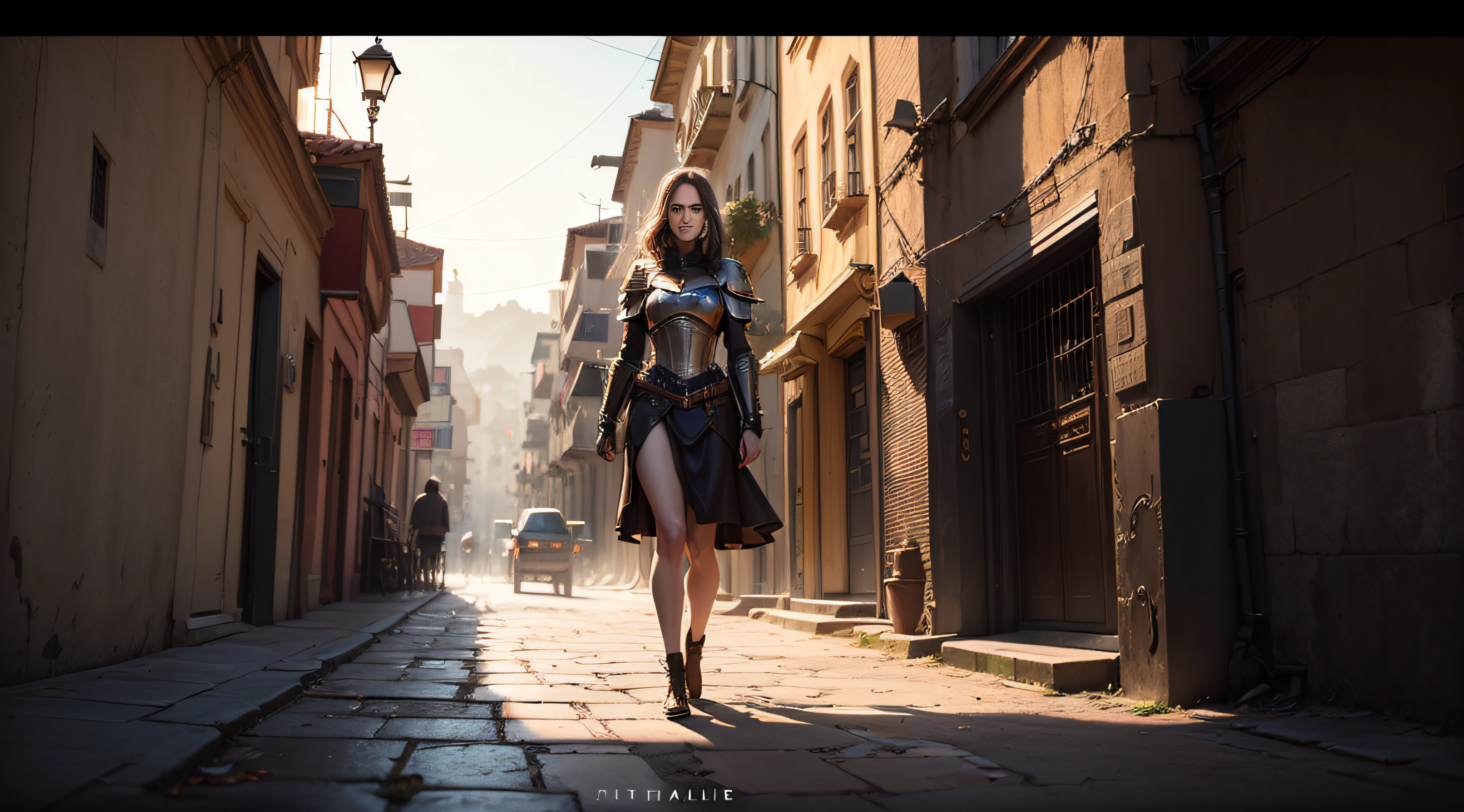 1 female full body, ((Kate Beckinsale)), in a witch hunter style outfit, [Tauromaquia: 1.8], Roupas steampunk vitorianas, (((leather breastplate))), ((quadro de filme ainda) ) , a steampunk city in the background Cinematic, textura natural da pele, 24 mm, Texturas 4k, soft Cinematic Light, Adobe Lightroom, photolab, HDR, intrincado, elegante, altamente detalhado, foco nítido, (( (((cinematic look)) ), tons suaves, detalhes insanos, detalhes intrincados, hiper-detalhado, baixo contraste, soft Cinematic Light, cores escuras, exposure blending, HDR, desbotado, slate atmosphere --auto