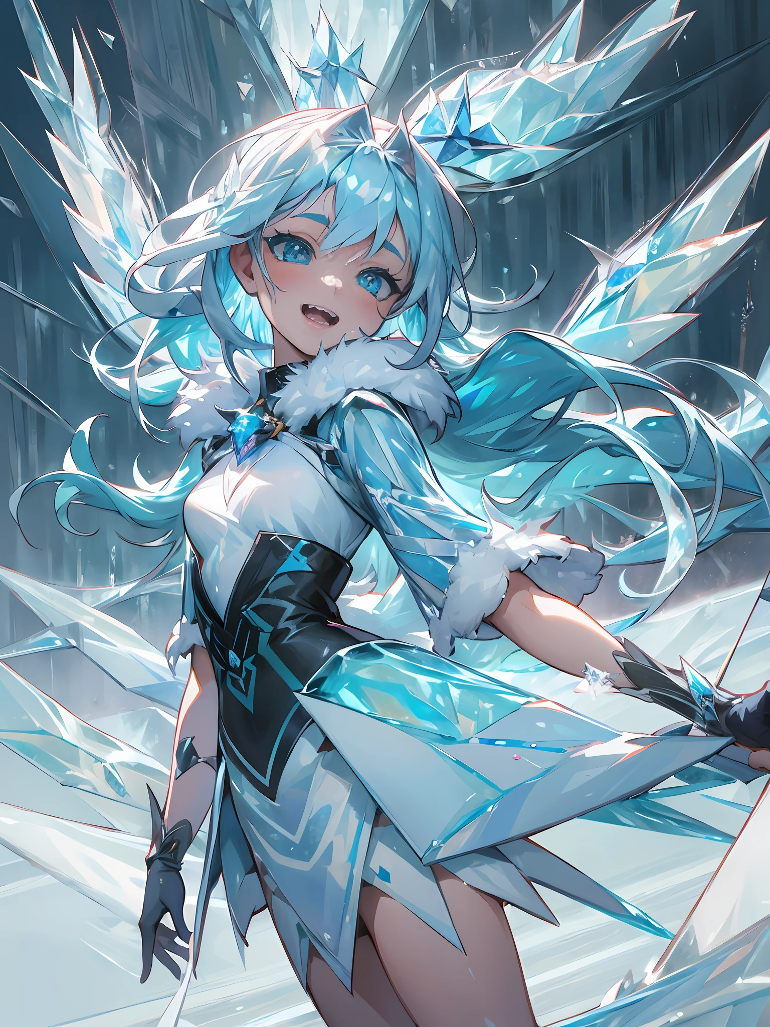 (1girl, solo:1.4), masterpiece, best quality, ultra detailed, highres, extremely detailed CG unity 8k wallpaper, perfect lighting, very detailed background, beautiful and aesthetic,fantasy illustration,(ice effects:2), (anime art:1.5), (portfolio:1.3), A little girl standing in a vast snowy field、lightblue hair、Longhaire、long bangs、Crystal clear beautiful hair、small tits、fur coat, Jagged teeth、Baring teeth and smiling、lifelike face、real looking skin、Large amount of ice、Wings of Ice、(blizzards:1.5)、Ice crystals、high-level image quality、zoom out,