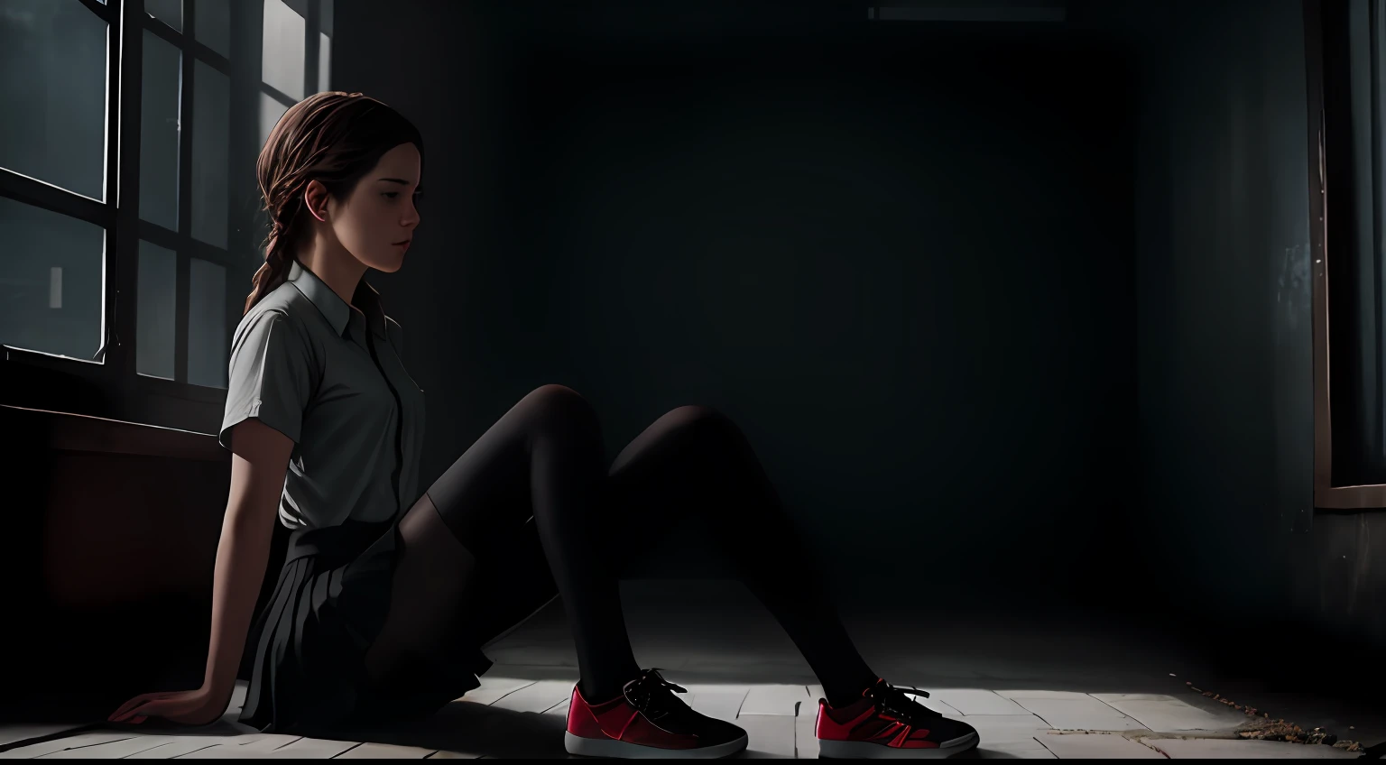 Beautiful young Ellen, half-open cotton shirt, pleated skirt, dark tights, sneakers, from The Last of Us part 1, game, hyperrealistic, 14 years old, model's body, small breasts, beautiful breasts, long hair, braided hair, legs long, 8k, detailed scenery, classroom in Korea, sunlight sun, ambient lighting