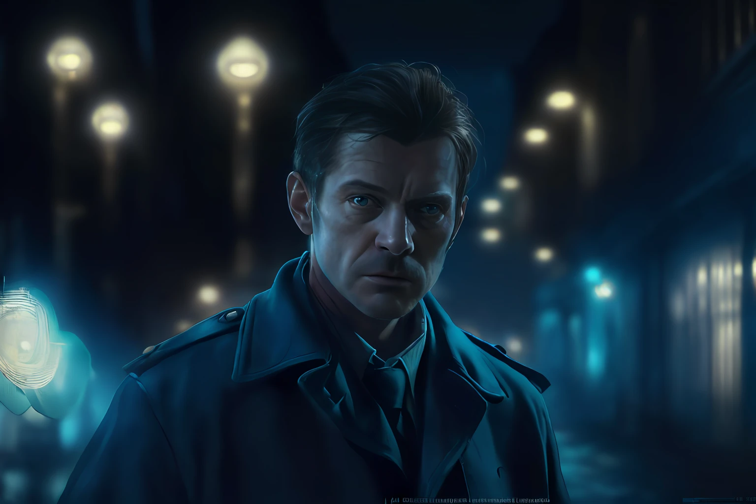 (Character: one English man, 40 years old, police, serious expression, short windswept  hair, strong body)
(Clothing: blue police coat, tie)
(Background: dark alley at night:1.3, intense urban lights in background) 
(Style: ((masterpiece:1.5)), (face detailed), photo-realistic:1.3, hyperrealistic, film grain, realistic lighting, backlighting:1.3)
