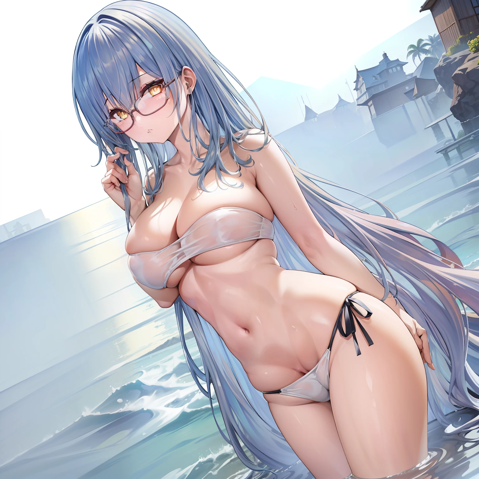 Model shooting style, (masterpiece:1.3), (absurderes:1.3), (top-quality:1.3), (8K), (Masterpiece Digital Art), (Detailed Manga Illustration), (Handle Hair), perfect anatomia, (intricate-detail:1.3), (ultra-detailliert:1.3), (illustratio:1.3), (foco nítido:1.3), (vivd colour:1.3), 1girl in, 独奏, (Long:1), poneyTail、Wind-tousled hair、hair between eye, (A dark-haired), Yellow eyes, Floating hair,eye glasses、The bikini、sea side、wetted skin、A sexy、