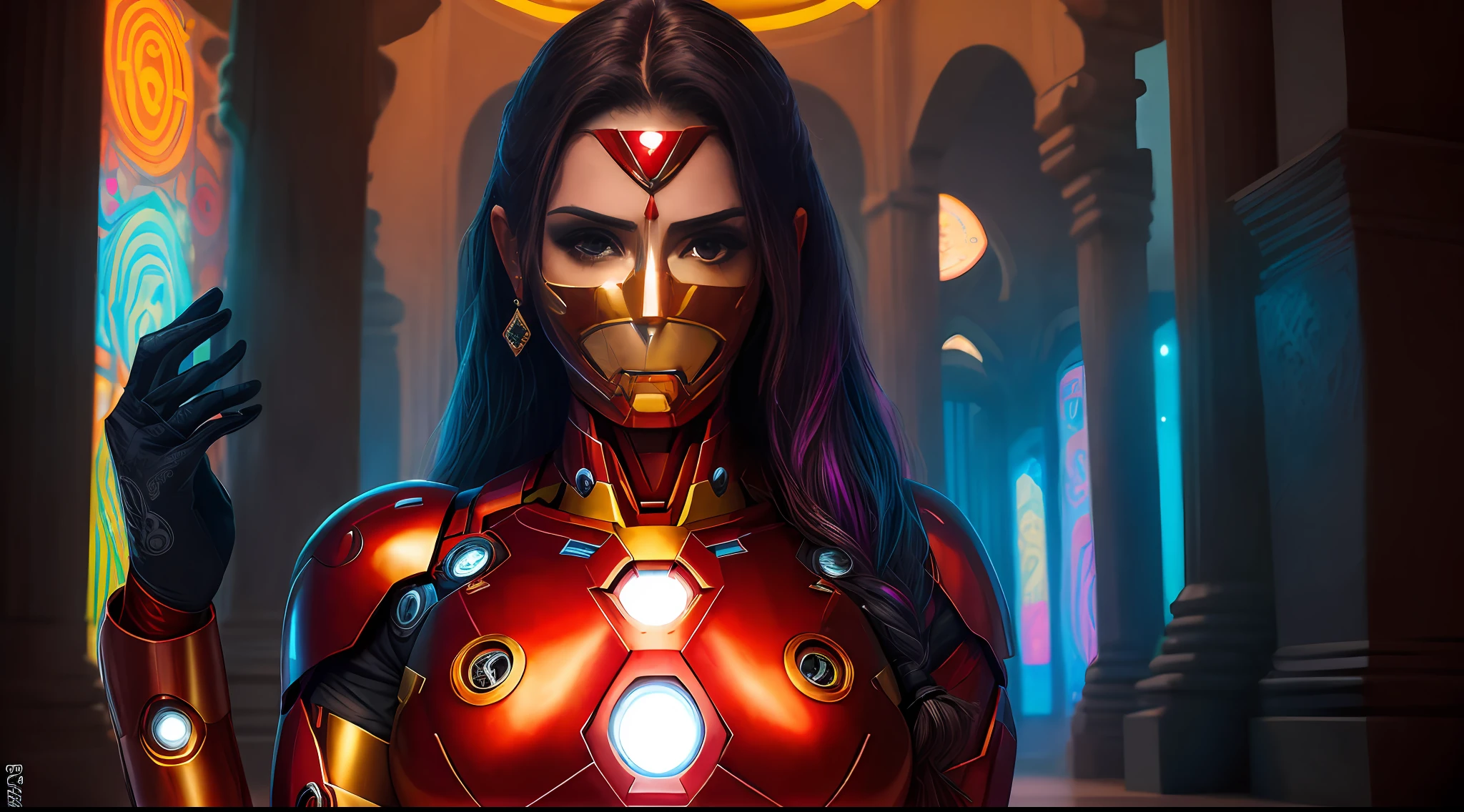 ((Foto ultrarrealista)), Voluptuous priestess with tattoos and percings on her body and an Iron Man mask, Hindu temple, bright illumination, detalle extremo, colores vibrantes, enfoque prominente en el rostro, Enigmatic Expression. --auto