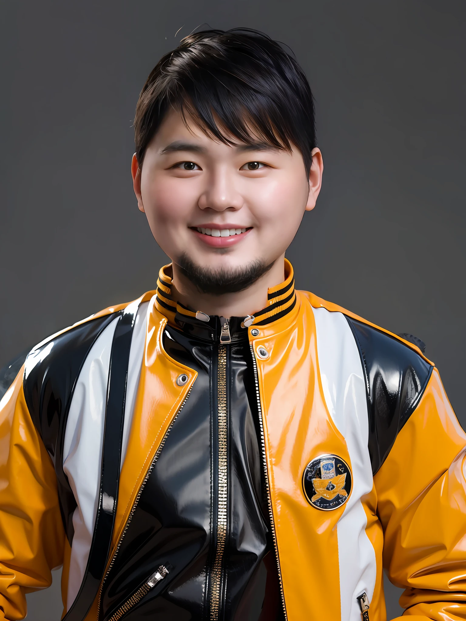 A Chinese male high school student,Wear PVC fashion leather jacket,There are zippers