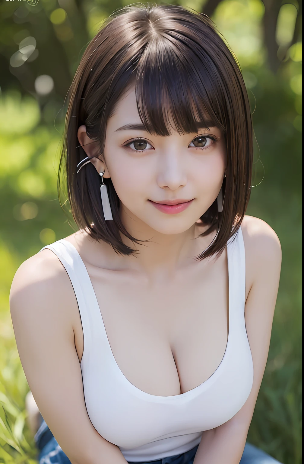 ​masterpiece、top-quality、超A high resolution、(photographrealistic:1.4)、((1girl in、White fair skin:1.4、Kneeling、From  above、Look up at your audience、age19、spotless、cute little、A dark-haired、bobhair_cut、short hair with bangs、Big breasts))、(Big boob、breastsout、Expose muscles、Sweat muscles、punk tshirt、Punk Girl)、(a smile、Happiness、Joy、jolly、closes mouth)、(Hold your breasts between your arms and pull your breasts closer)、High detailed eyes、long neck、(((short hair with bangs)))、Lashes、Big eyes、((Very beautiful、Very beautiful))、(((Natural Day Light、Put your ears out、gazing at viewer、Entice your audience、Burst breasts、Highlights in the eyes)))